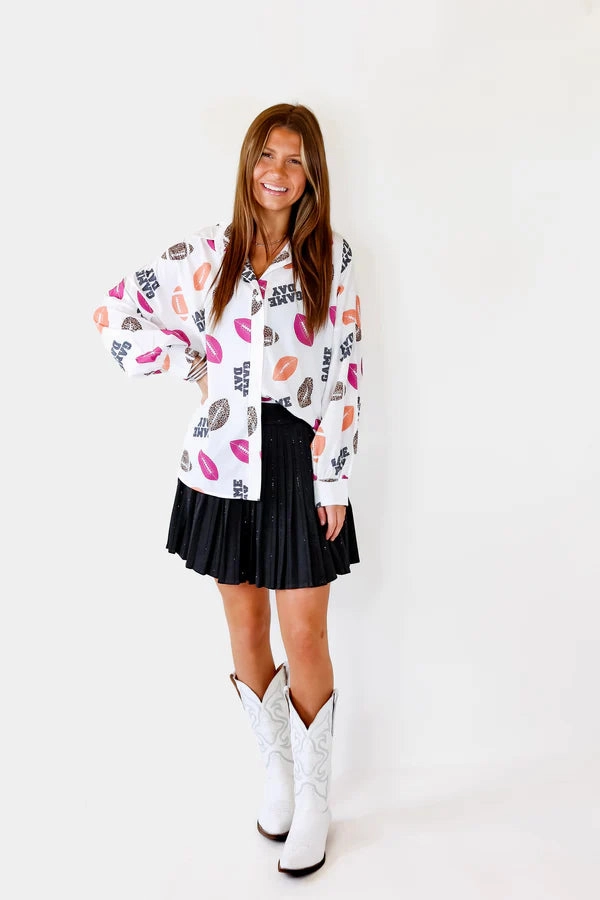 The Gameday Way Button Up Football Print Top in White Spirit Core Hero Glow