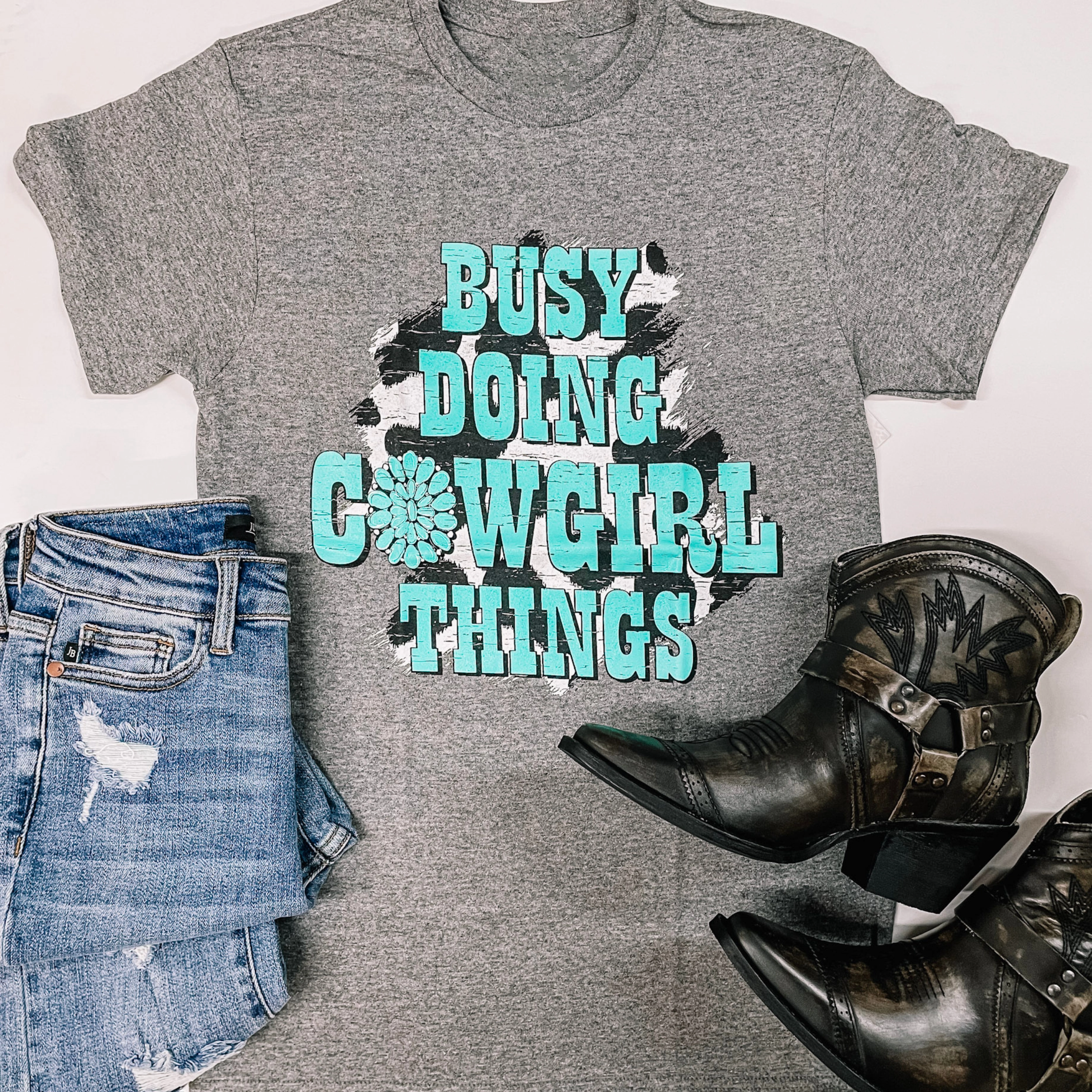 Last Chance Size Large | Busy Doing Cowgirl Things Short Sleeve Graphic Tee in Heather Grey Chic Edge