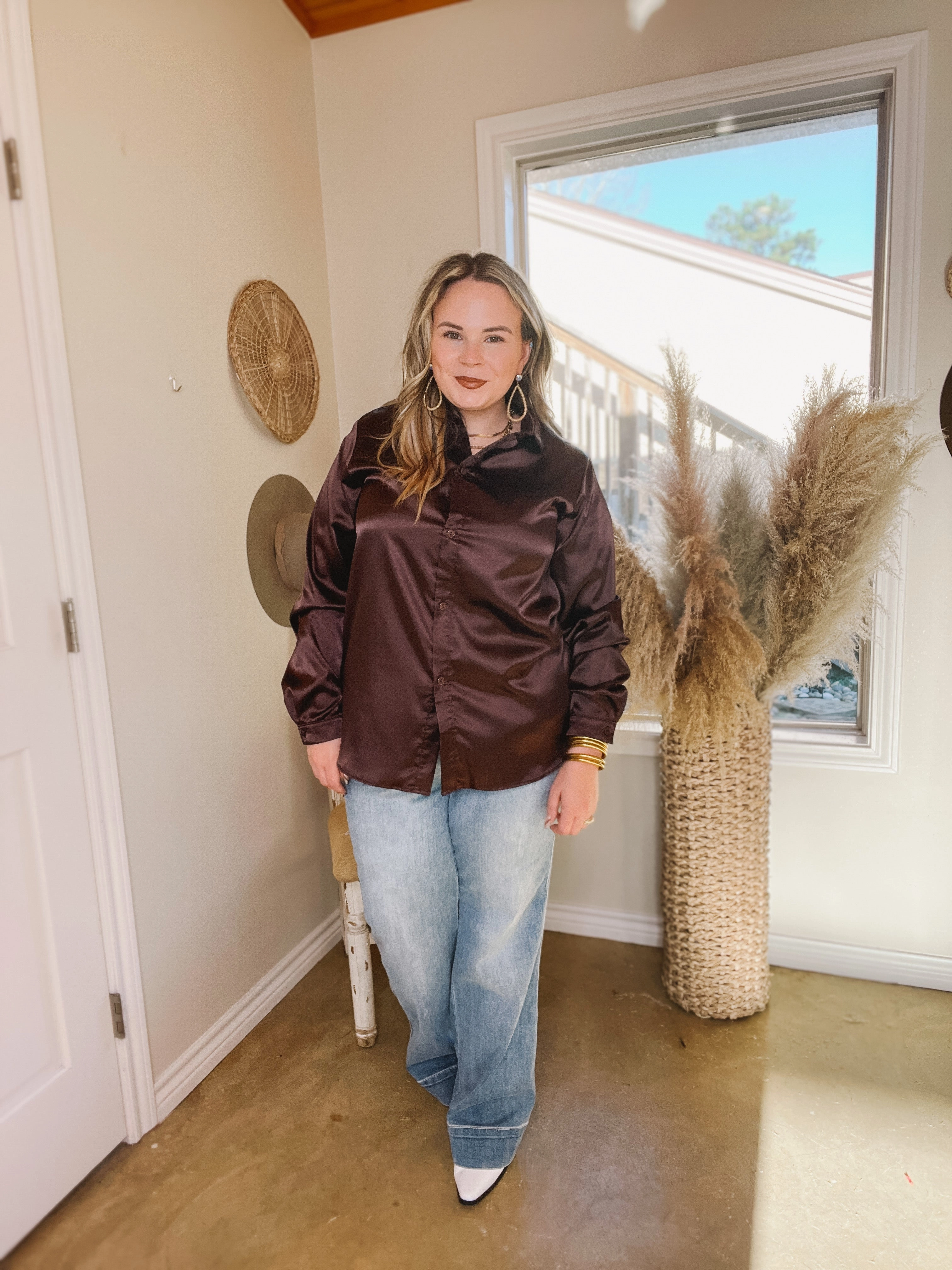 Down To Disco Satin Long Sleeve Button Up Top in Brown SeamlessConstruction