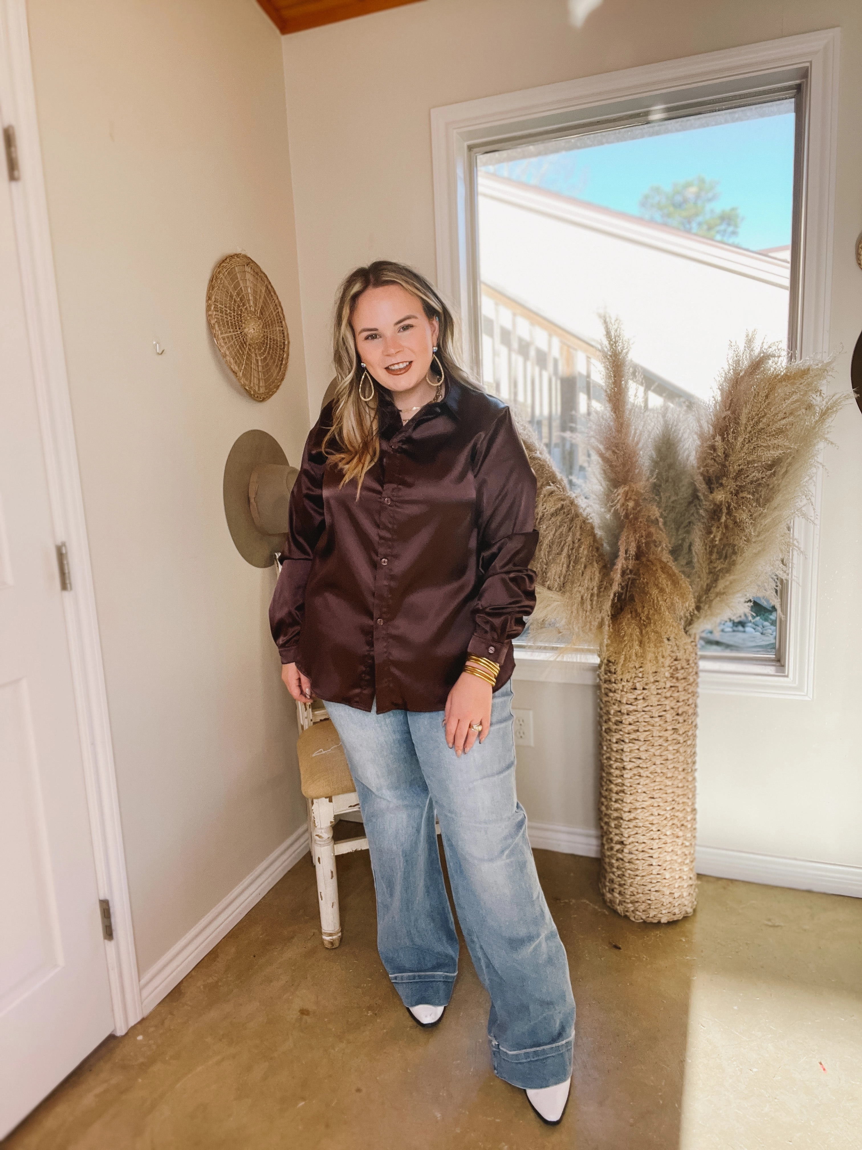 Down To Disco Satin Long Sleeve Button Up Top in Brown Utility Jacket