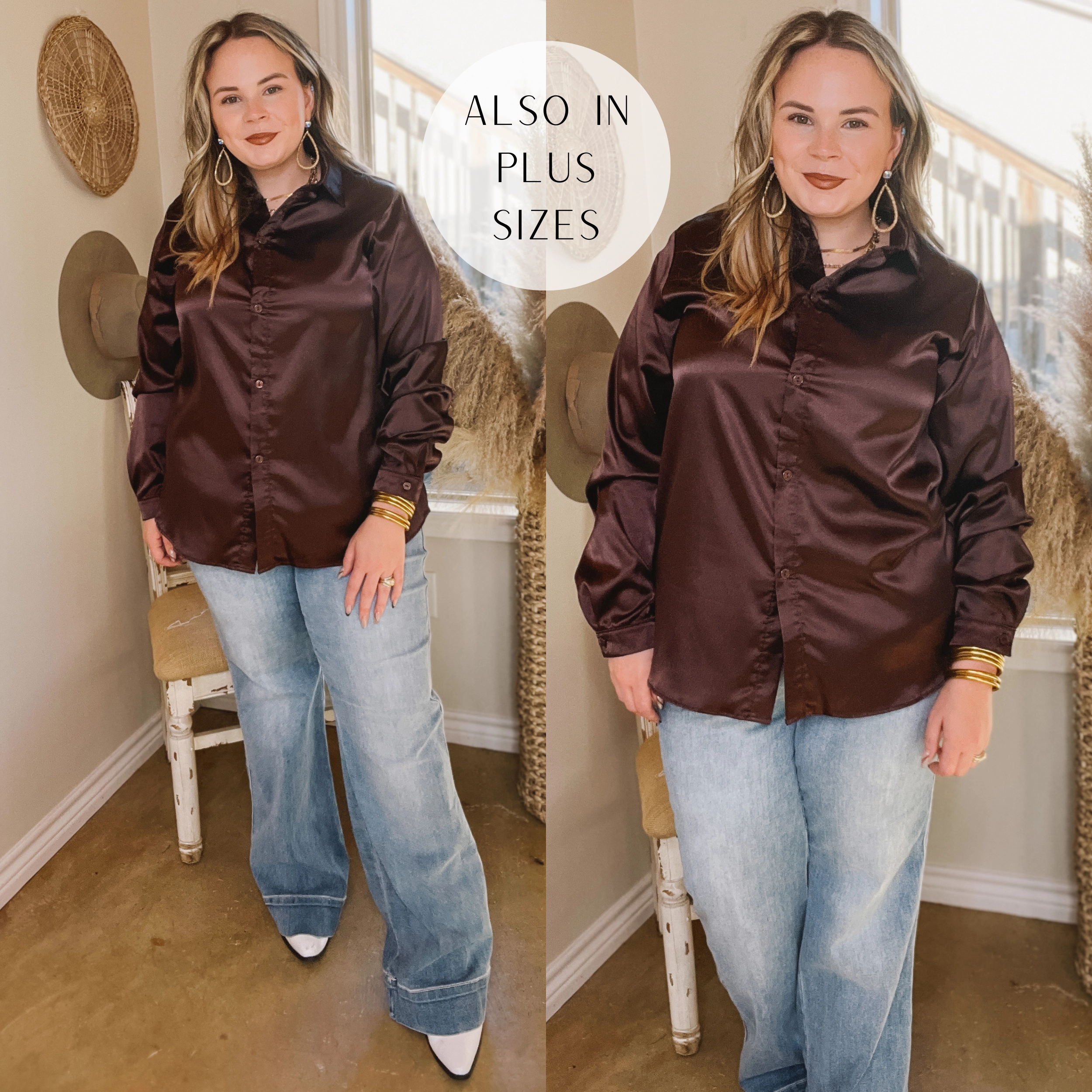 CrossBackStructure Down To Disco Satin Long Sleeve Button Up Top in Brown