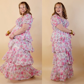 Warm Pants Fun Feeling Floral Tiered Maxi Dress with Smocked Balloon Sleeves in Pink Mix
