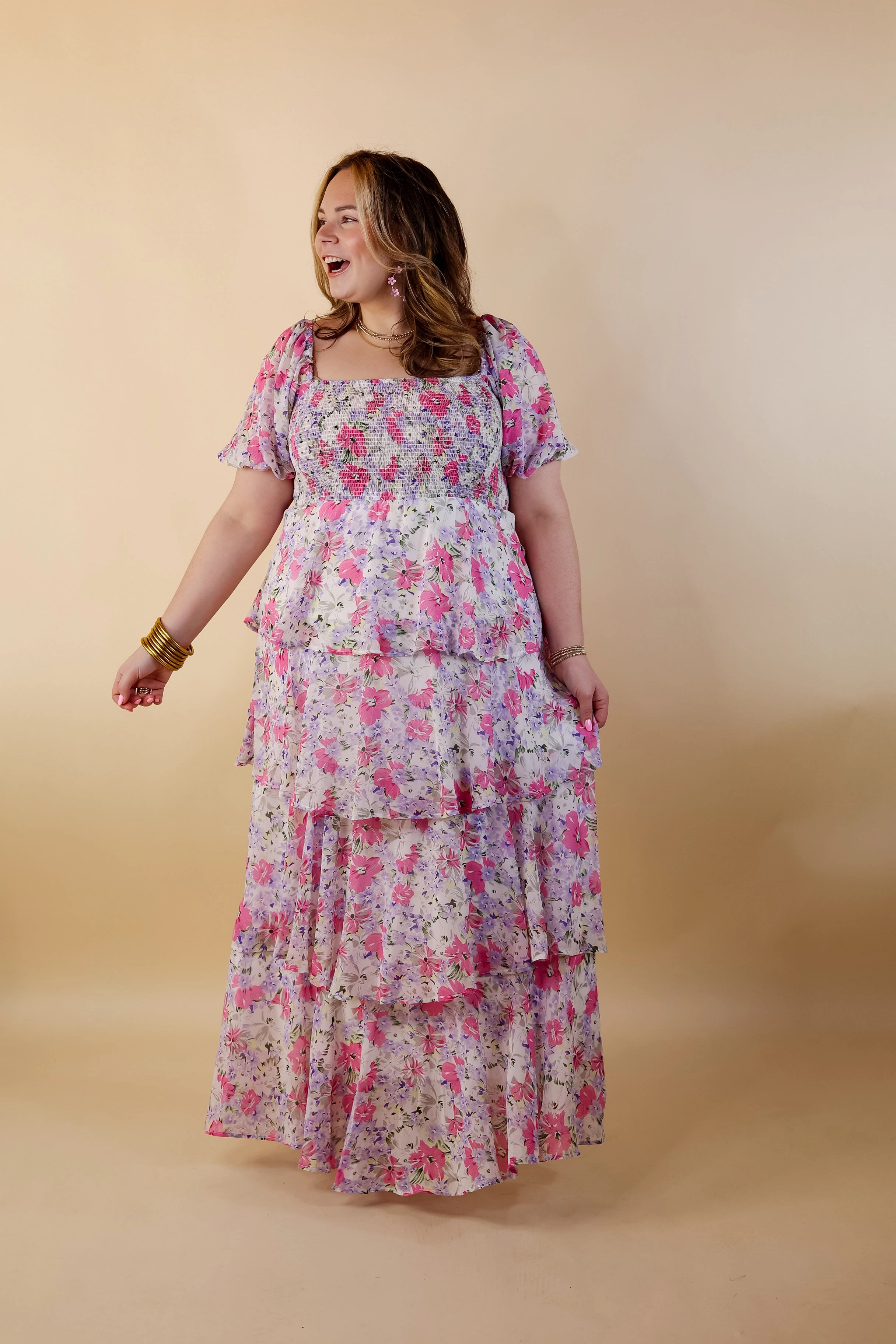 Late Breeze Fun Feeling Floral Tiered Maxi Dress with Smocked Balloon Sleeves in Pink Mix