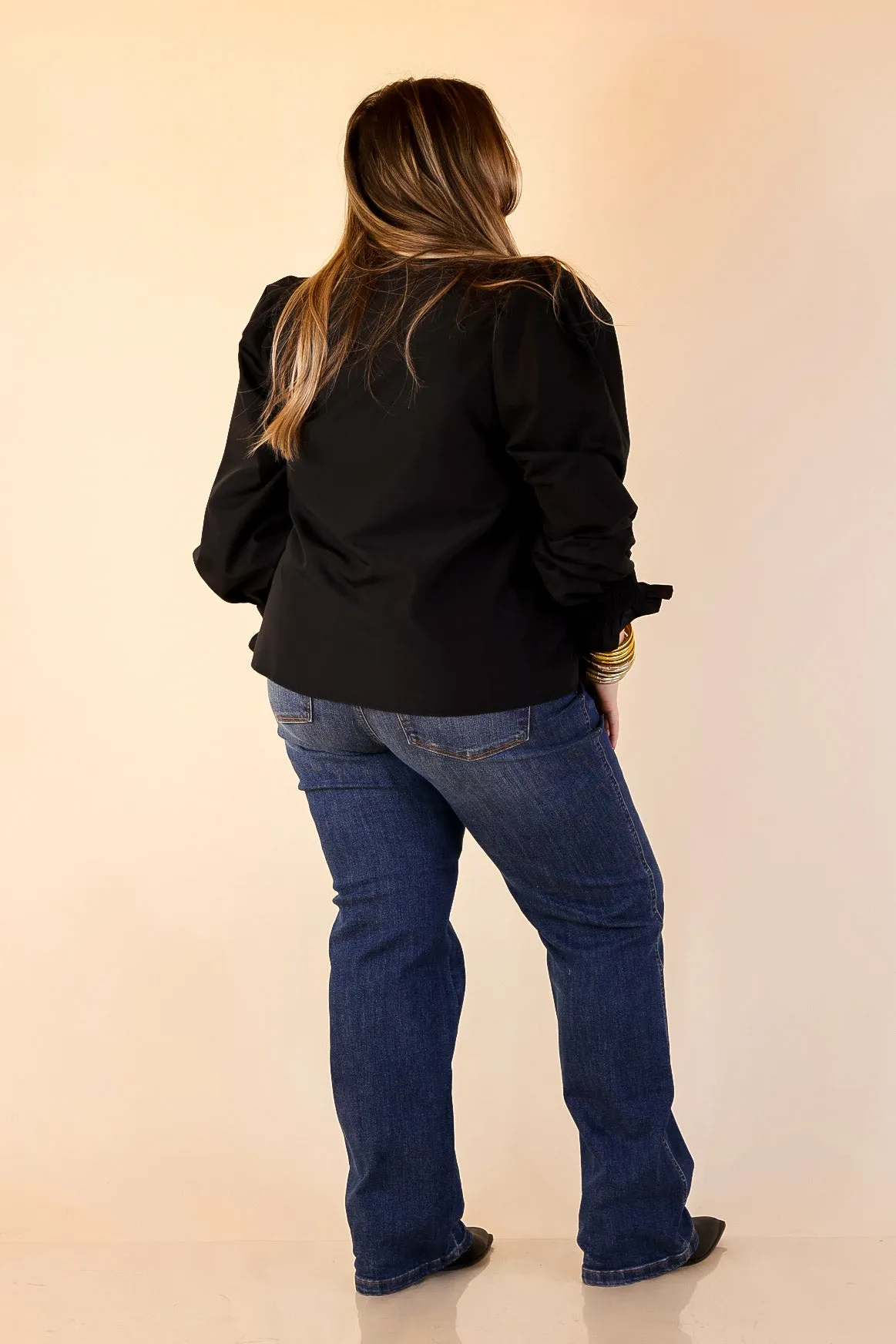 Trimmed in Style Puff Long Sleeve Blouse with Contrast Leopard Trim and Ruffle in Black AirflowOptimized Design