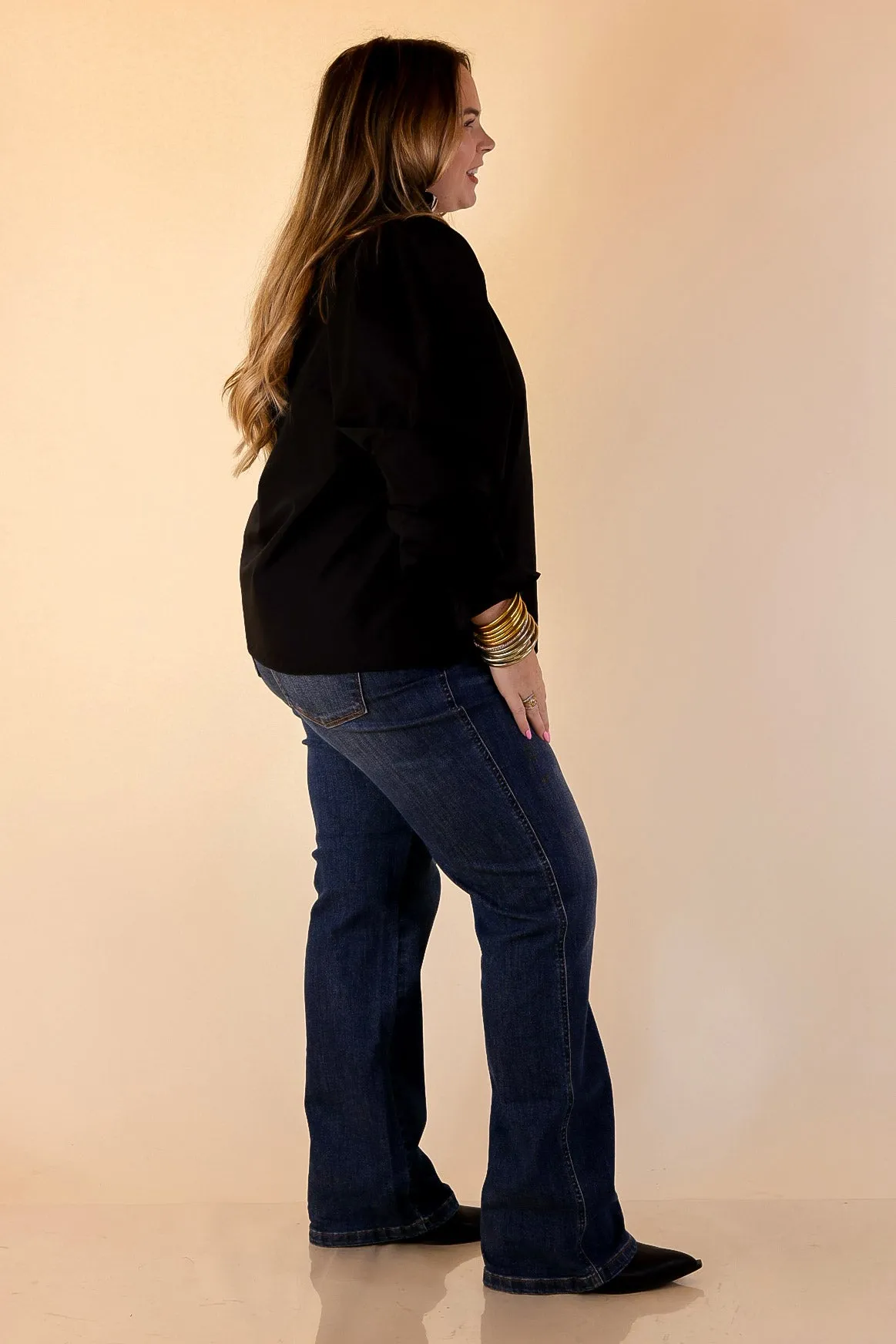 Trimmed in Style Puff Long Sleeve Blouse with Contrast Leopard Trim and Ruffle in Black Fashion Blouse Adjustable Hemline