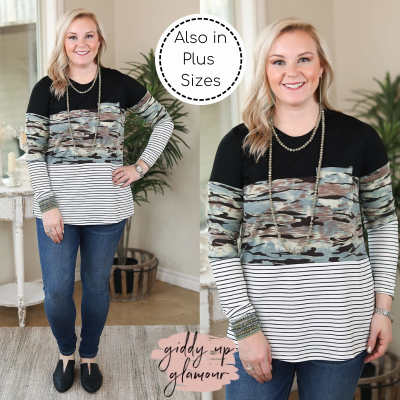 Last Chance Size Small | Best Remedy Stripe and Camouflage Long Sleeve Color Block Top Trendy Boots