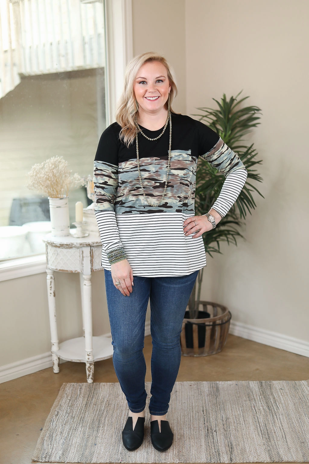 Last Chance Size Small | Best Remedy Stripe and Camouflage Long Sleeve Color Block Top Chic Edge AntiStaticLining
