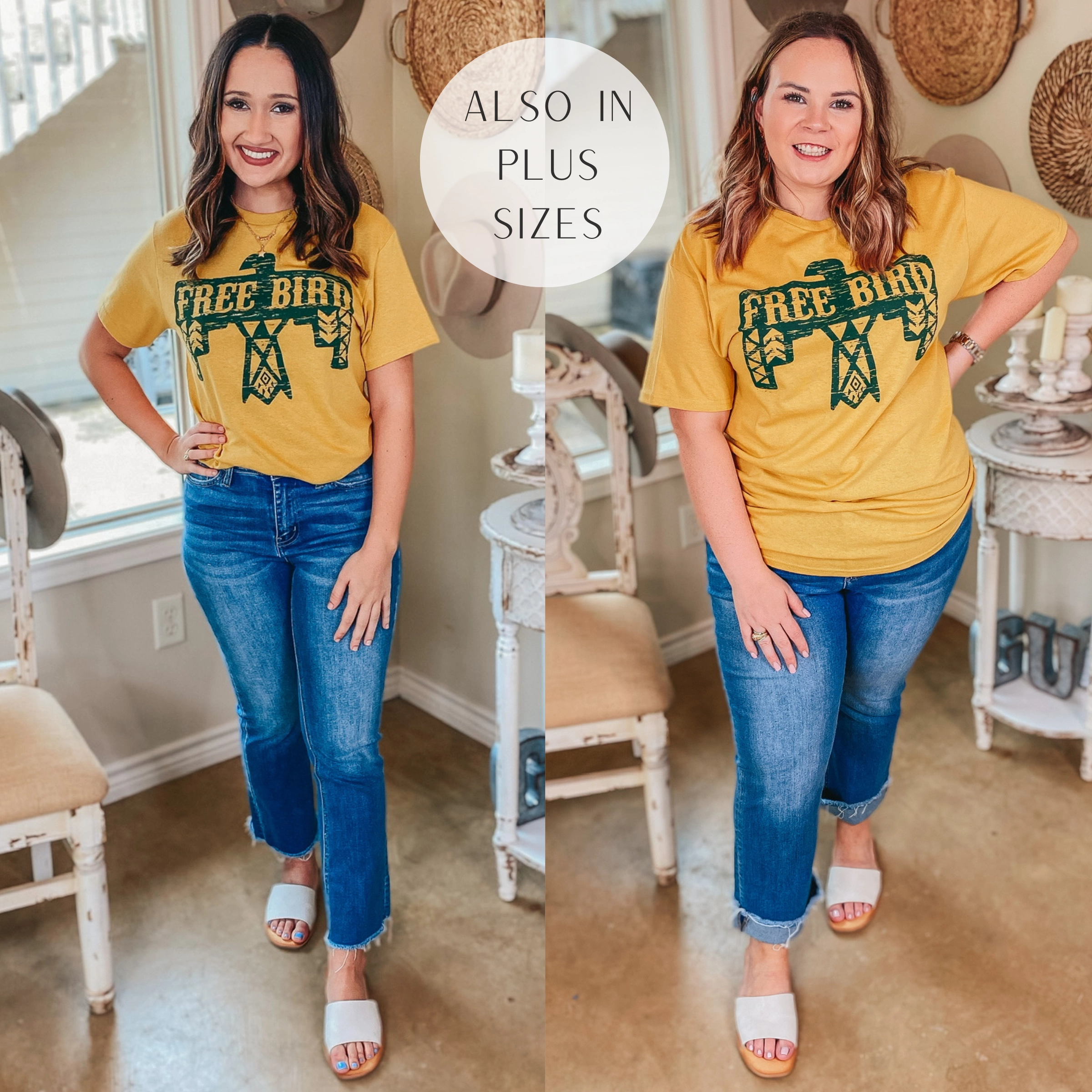 Romance Fit Last Chance Size Small | Free Bird Thunderbird Short Sleeve Graphic Tee in Mustard Yellow