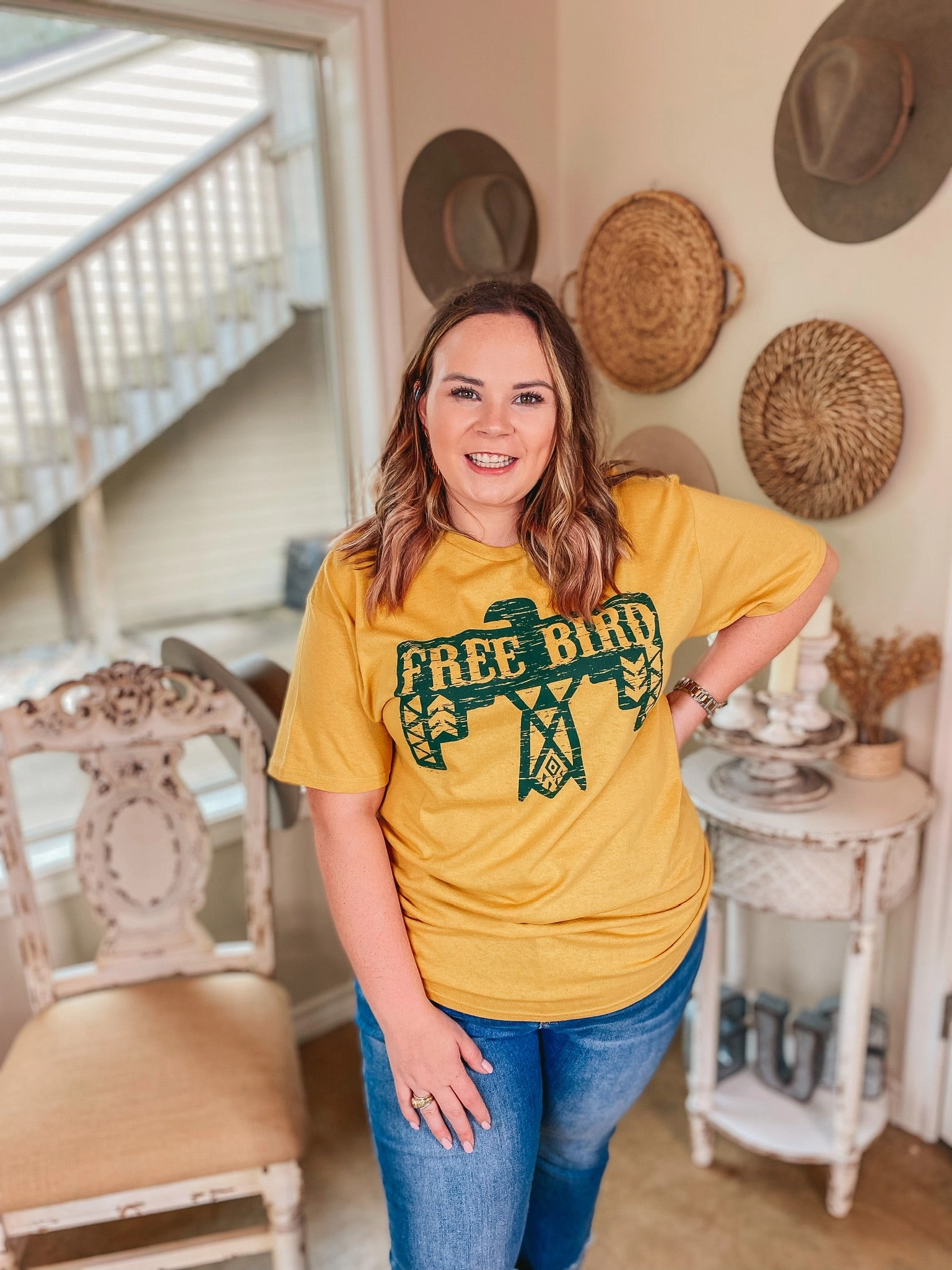 Last Chance Size Small | Free Bird Thunderbird Short Sleeve Graphic Tee in Mustard Yellow Pure Fit Warm Vest