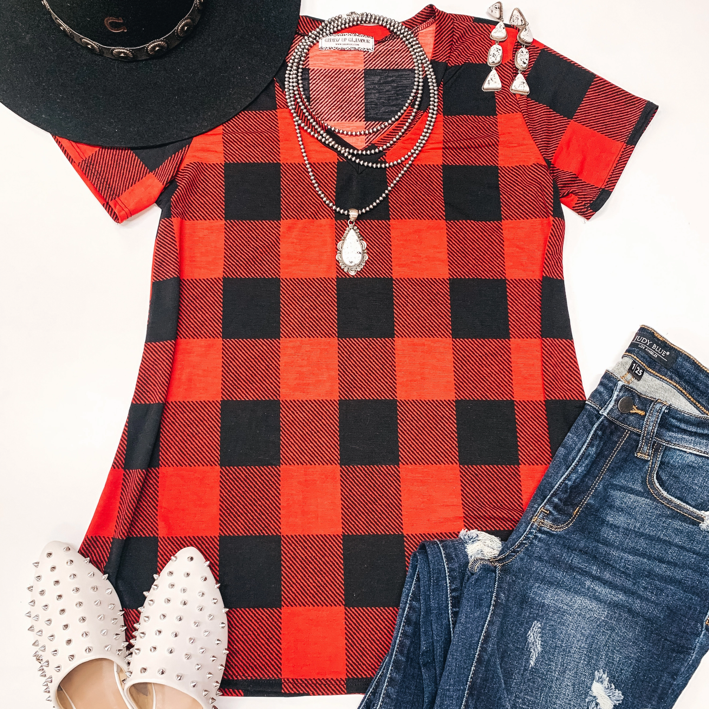 Stretch Ease WrinkleFree Material Last Chance Size Small & Medium | Keep Things Simple Buffalo Plaid V Neck Tee in Red