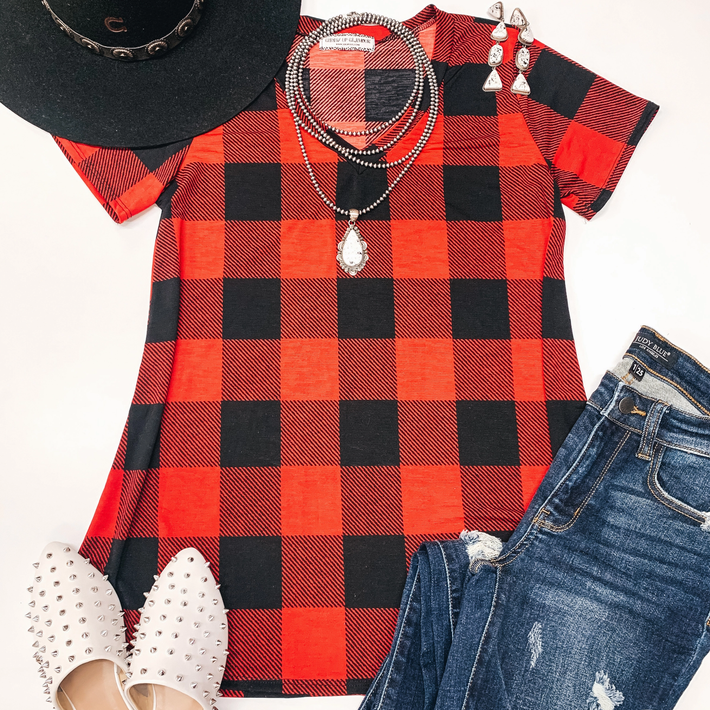 Last Chance Size Small & Medium | Keep Things Simple Buffalo Plaid V Neck Tee in Red Peace Glow Stylish Fashion