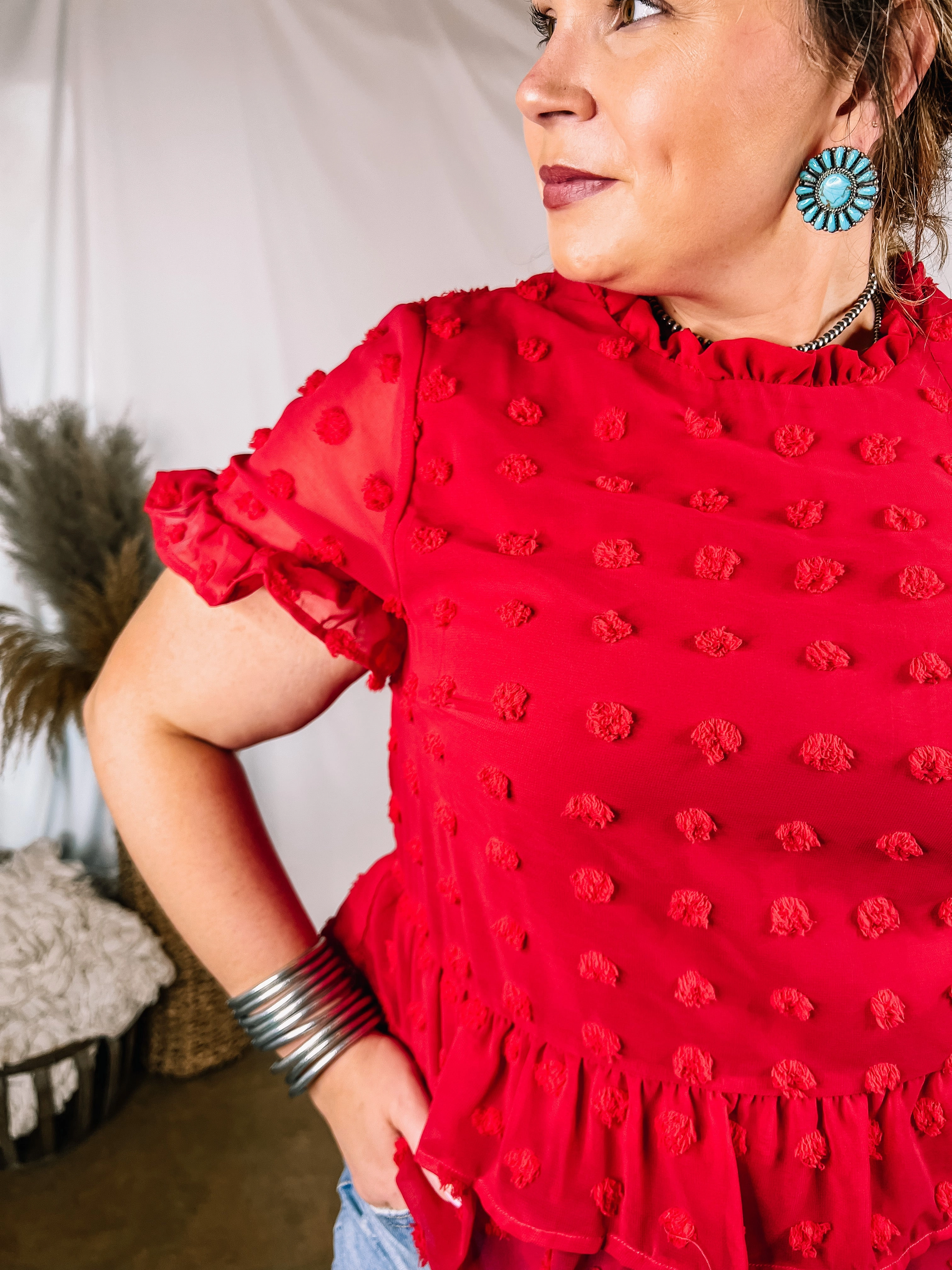 Legend Glow Last Chance Size Small, Medium & Large | Garden Graceful Swiss Dot Ruffle Peplum Top in Red