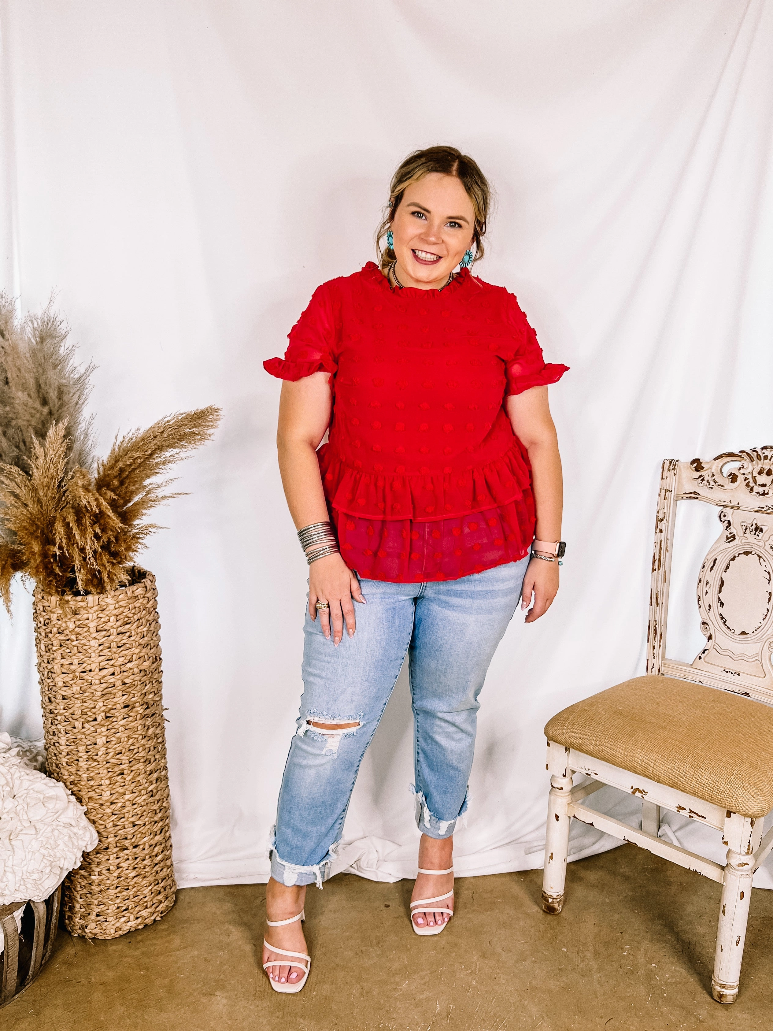 Sporty Gear Last Chance Size Small, Medium & Large | Garden Graceful Swiss Dot Ruffle Peplum Top in Red