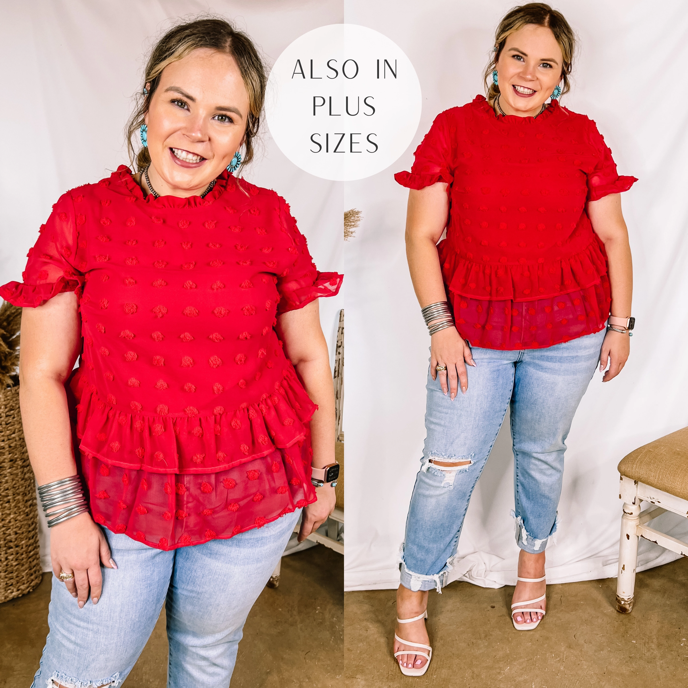 Last Chance Size Small, Medium & Large | Garden Graceful Swiss Dot Ruffle Peplum Top in Red Body Free