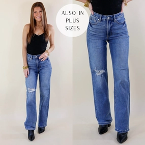 Last Chance Size 22W | Judy Blue | Festival Feels Tummy Control 90's Straight Leg Jeans in Medium Wash Flexible Waistband