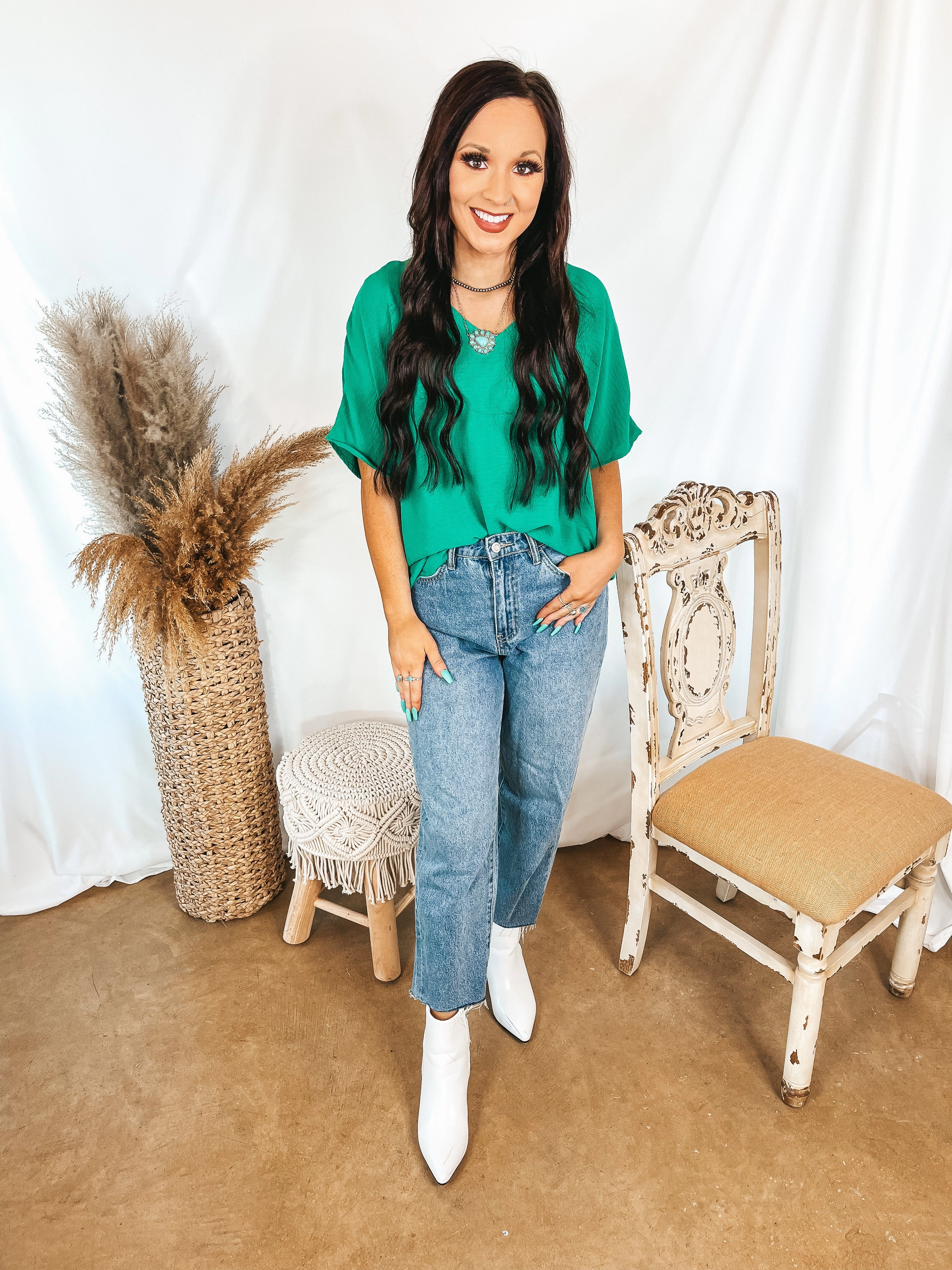 Last Chance Size Small | Lovely Dear V Neck Short Sleeve Solid Top in Green Formal Attire Spirit Core