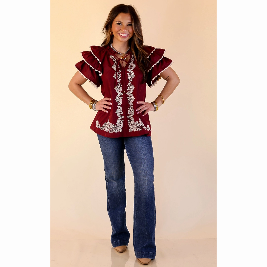 Flexible Knit Graceful Details Embroidered Short Sleeve Top with Layered Flutter Sleeves in Maroon