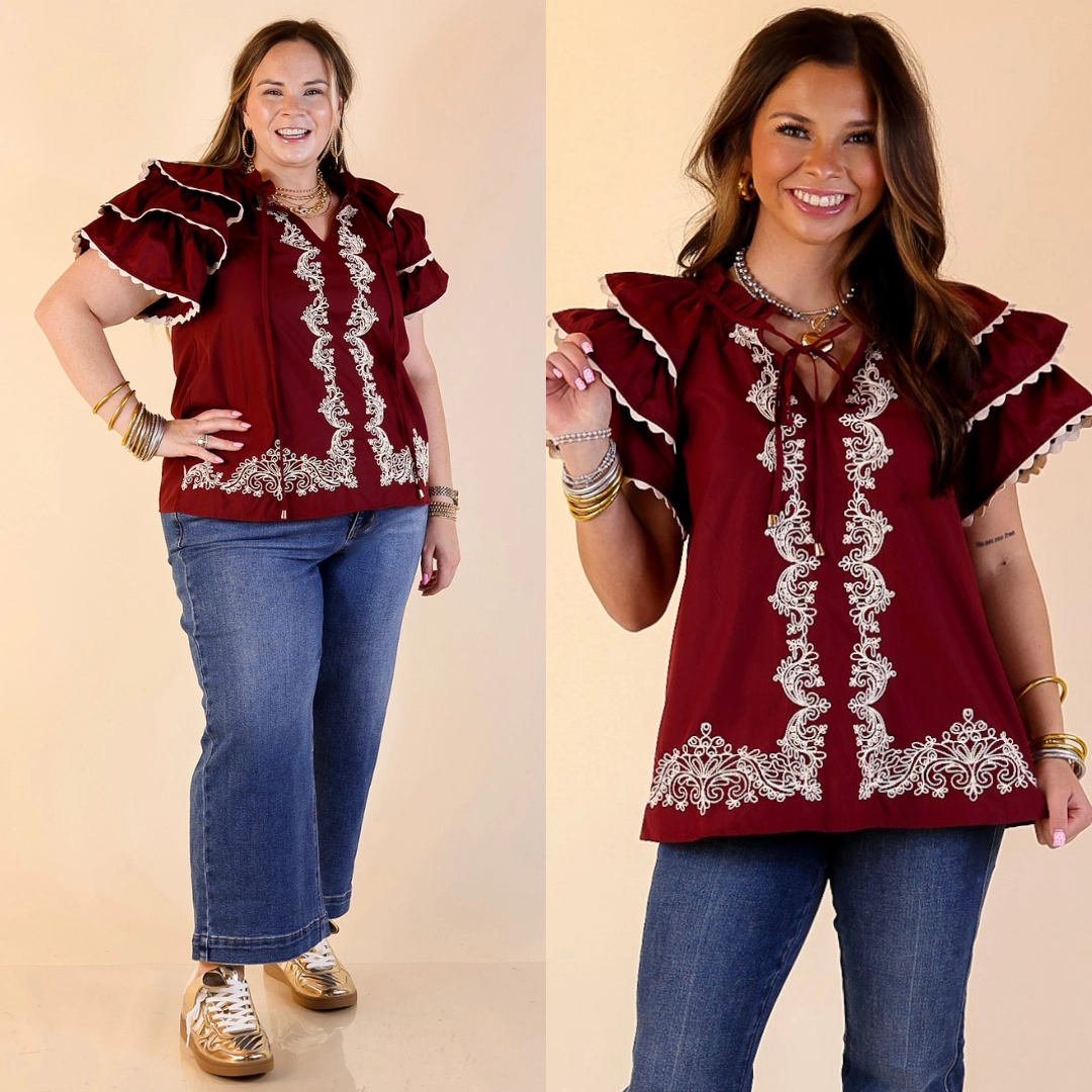 Graceful Details Embroidered Short Sleeve Top with Layered Flutter Sleeves in Maroon NonScratchyLining
