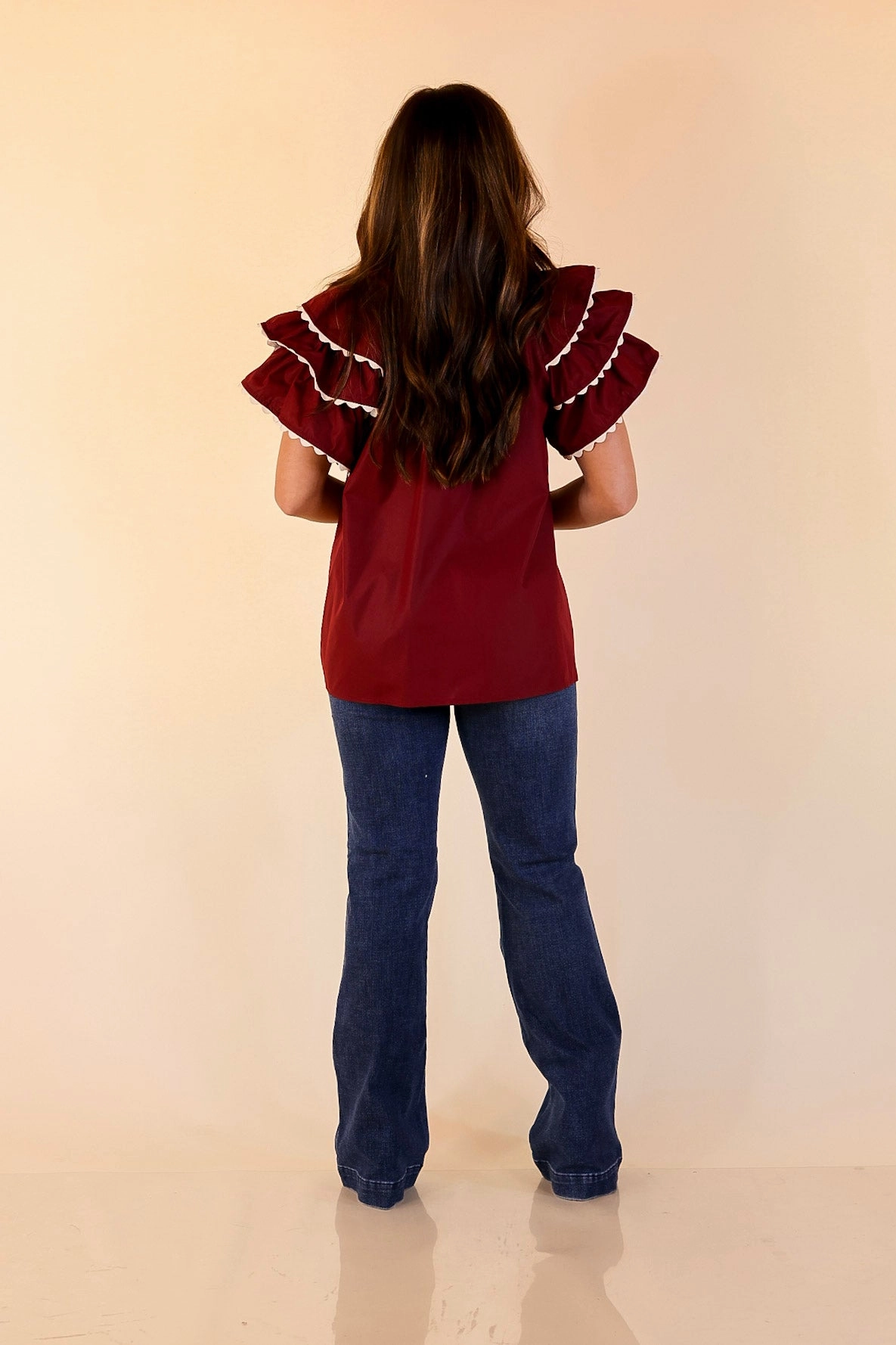 Flexible Shoulder Construction Roomy Cut Graceful Details Embroidered Short Sleeve Top with Layered Flutter Sleeves in Maroon