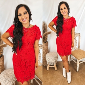 Social Butterfly Lace Overlay Fitted Dress in Red Red Flash QuickAccess Pockets