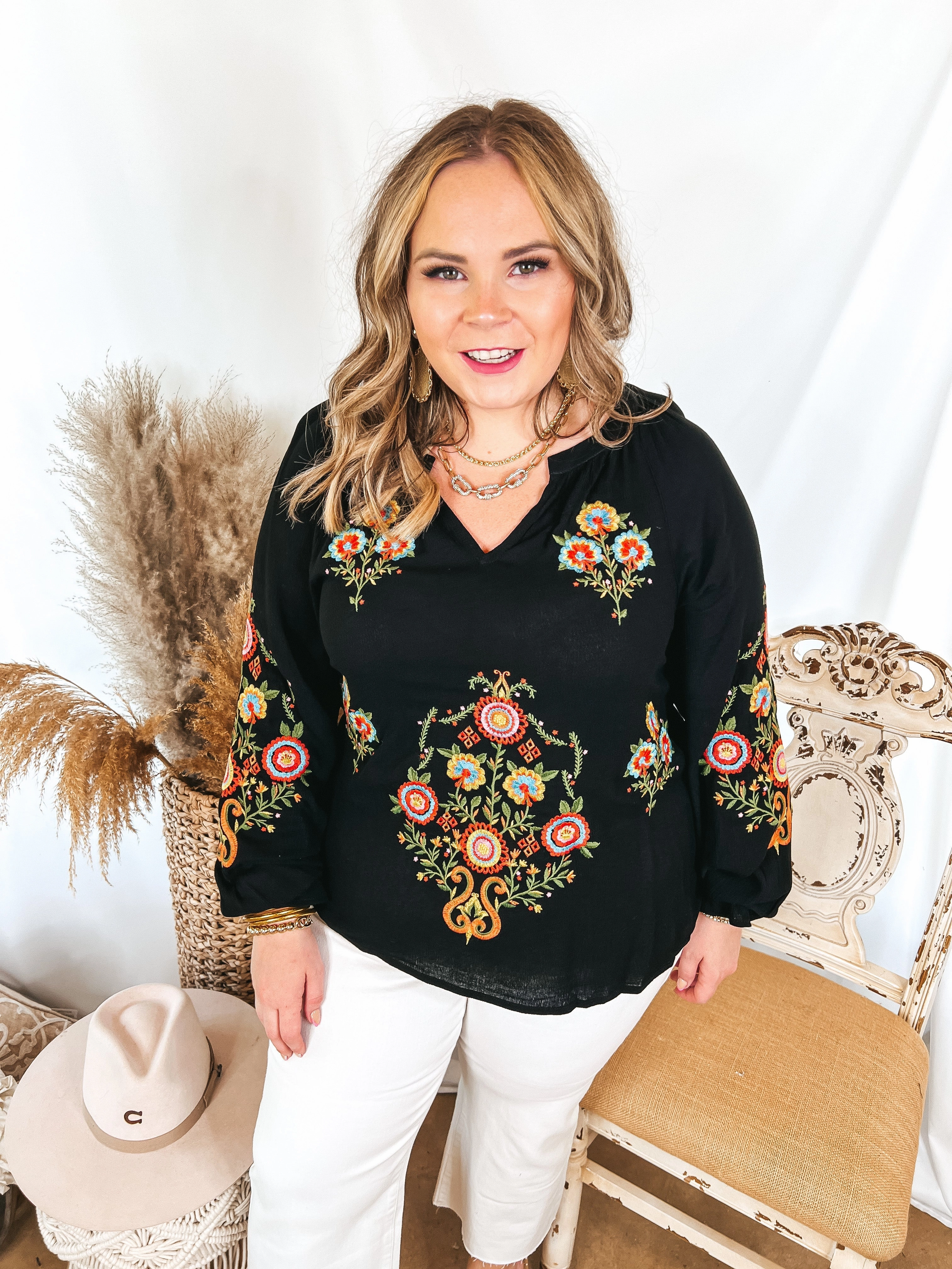 Dreamy Destination Floral Embroidered Long Sleeve Top in Black Reflective Safety Trim