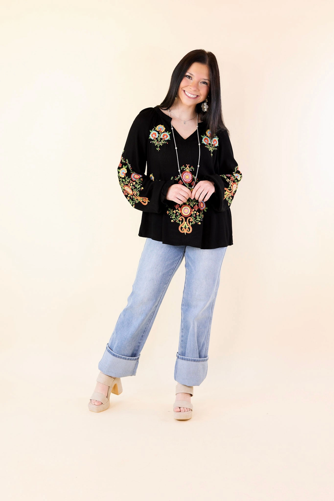 Dreamy Destination Floral Embroidered Long Sleeve Top in Black NonRestrictiveCollar