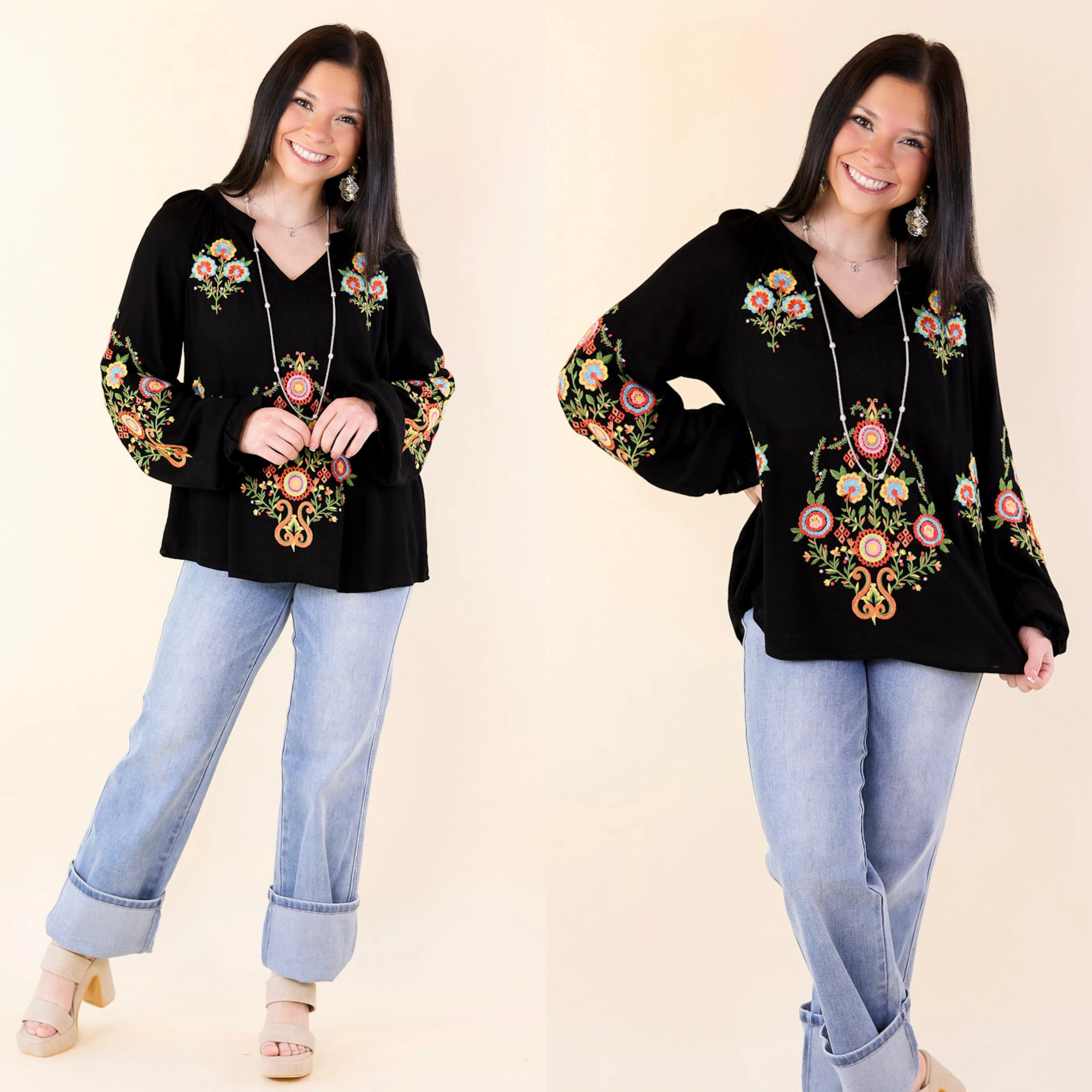 CompressionSupportWeave Self Cleaning Coating Dreamy Destination Floral Embroidered Long Sleeve Top in Black