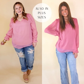 Casually Stunning V Neck Long Sleeve Blouse in Mauve Pink SplitHemDesign