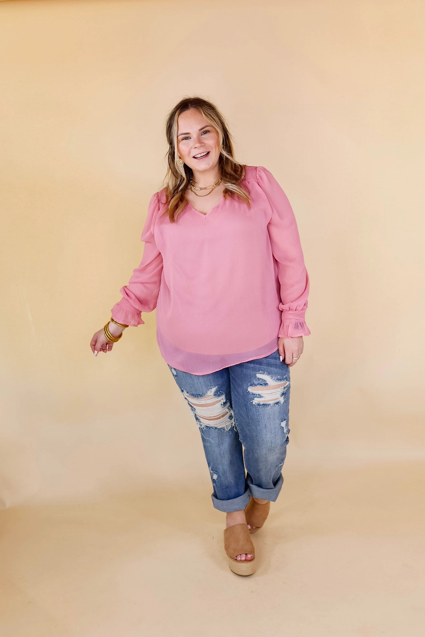 Beach Ease Casually Stunning V Neck Long Sleeve Blouse in Mauve Pink