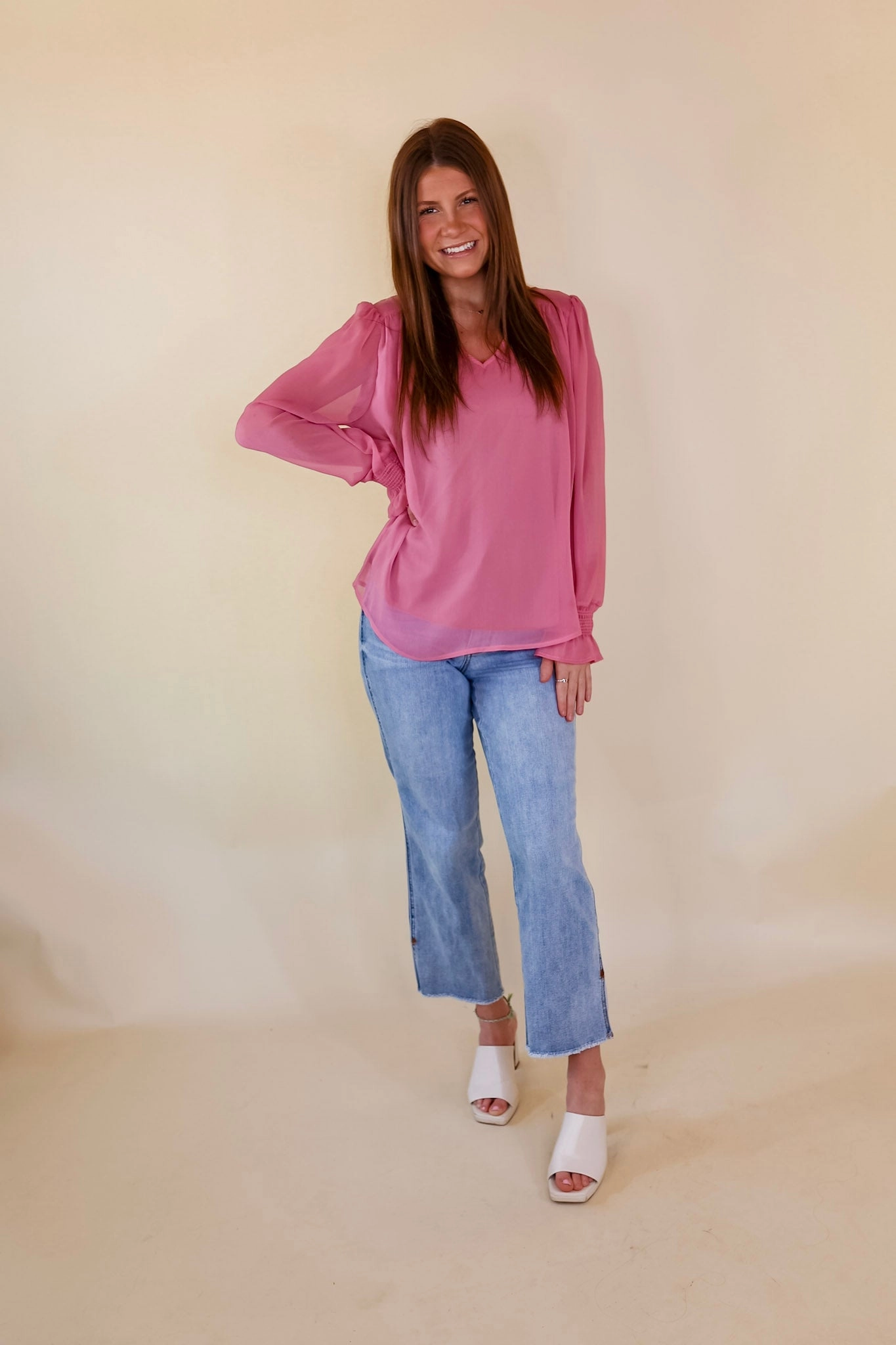 Magic Glow QuickDry Technology Casually Stunning V Neck Long Sleeve Blouse in Mauve Pink