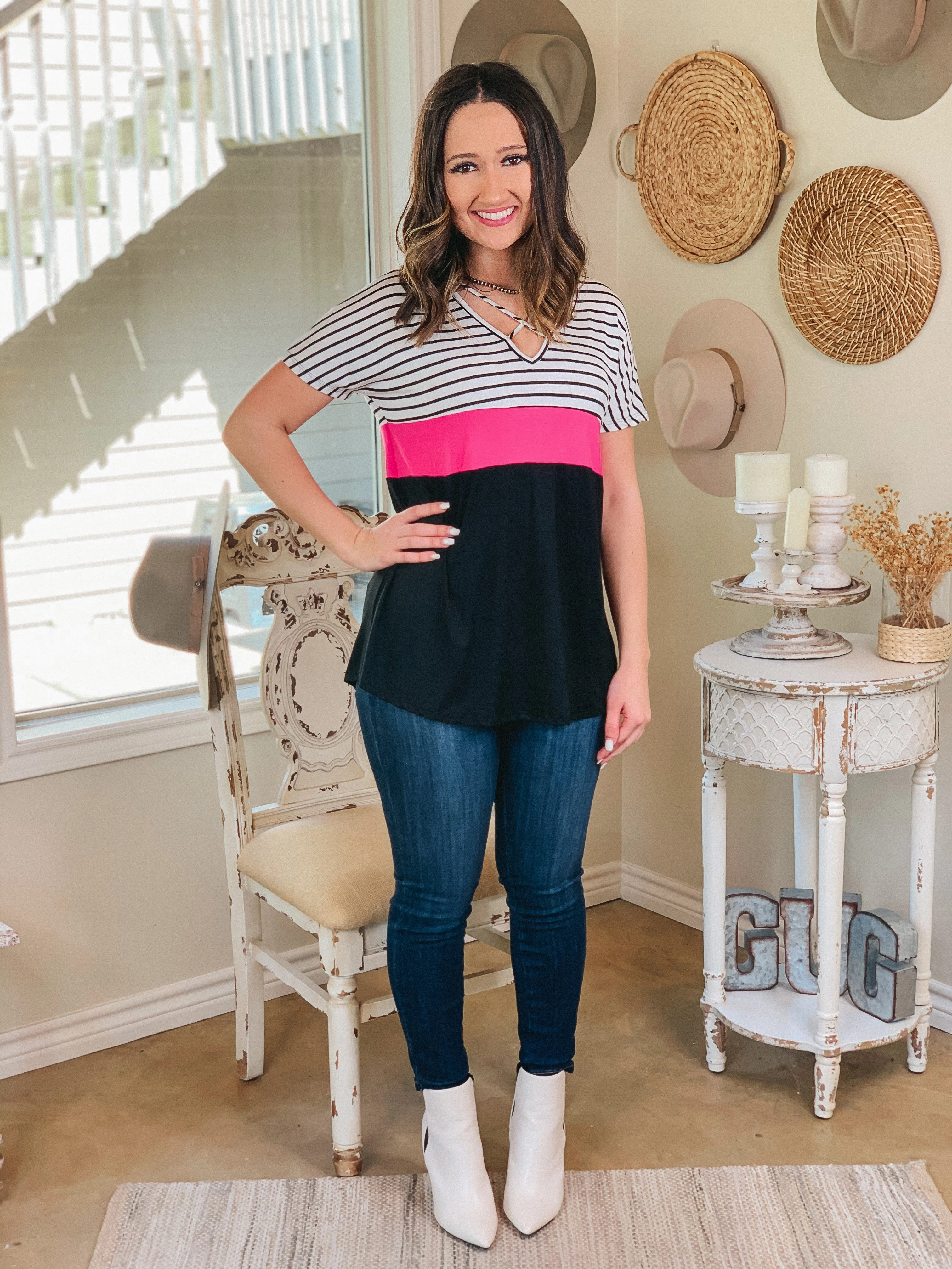 Last Chance Size Small | Magnetic Energy Black and White Striped Print Block Top with Black and Pink Bottom NoIrritationSeams