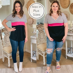 Last Chance Size Small | Magnetic Energy Black and White Striped Print Block Top with Black and Pink Bottom SnagFree Fabric BalancedDrape