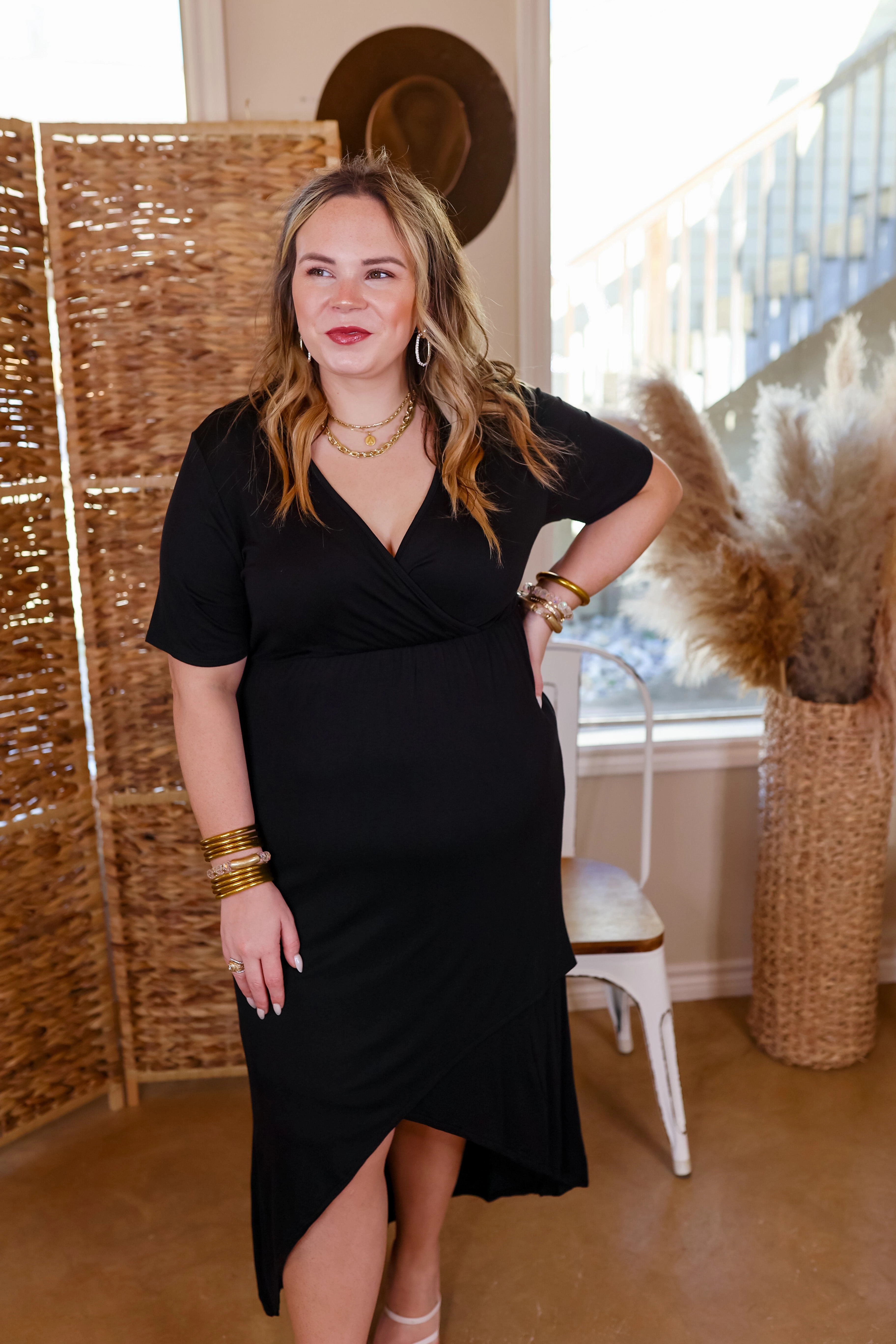 Last Chance Size Small & 3XL | Turn Away Wrap Midi Dress with Short Sleeves in Black Meeting Ready