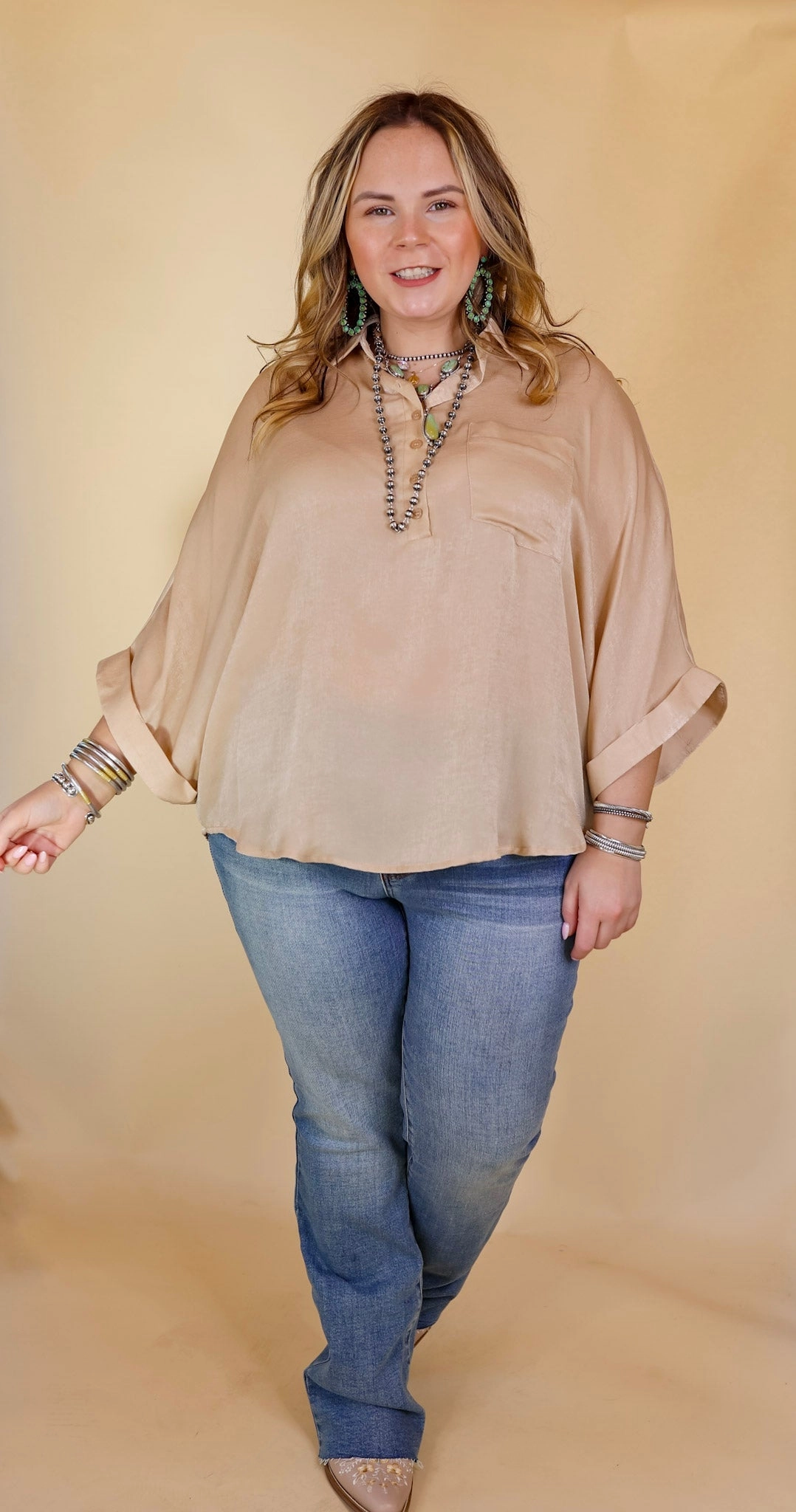 Soft Jersey Sweet Surprise Half Button Up Poncho Top with Collared Neckline in Champagne