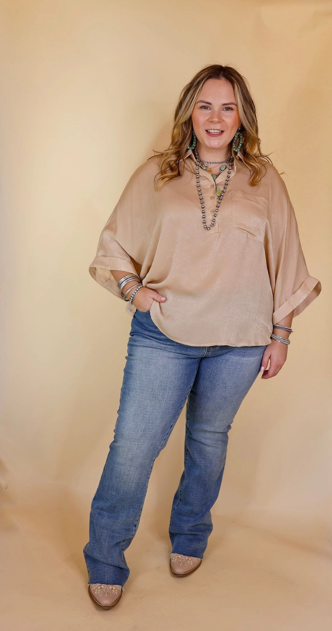 Global Edge Reinforced Stitching Sweet Surprise Half Button Up Poncho Top with Collared Neckline in Champagne