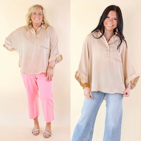 Sweet Surprise Half Button Up Poncho Top with Collared Neckline in Champagne Tagless Design
