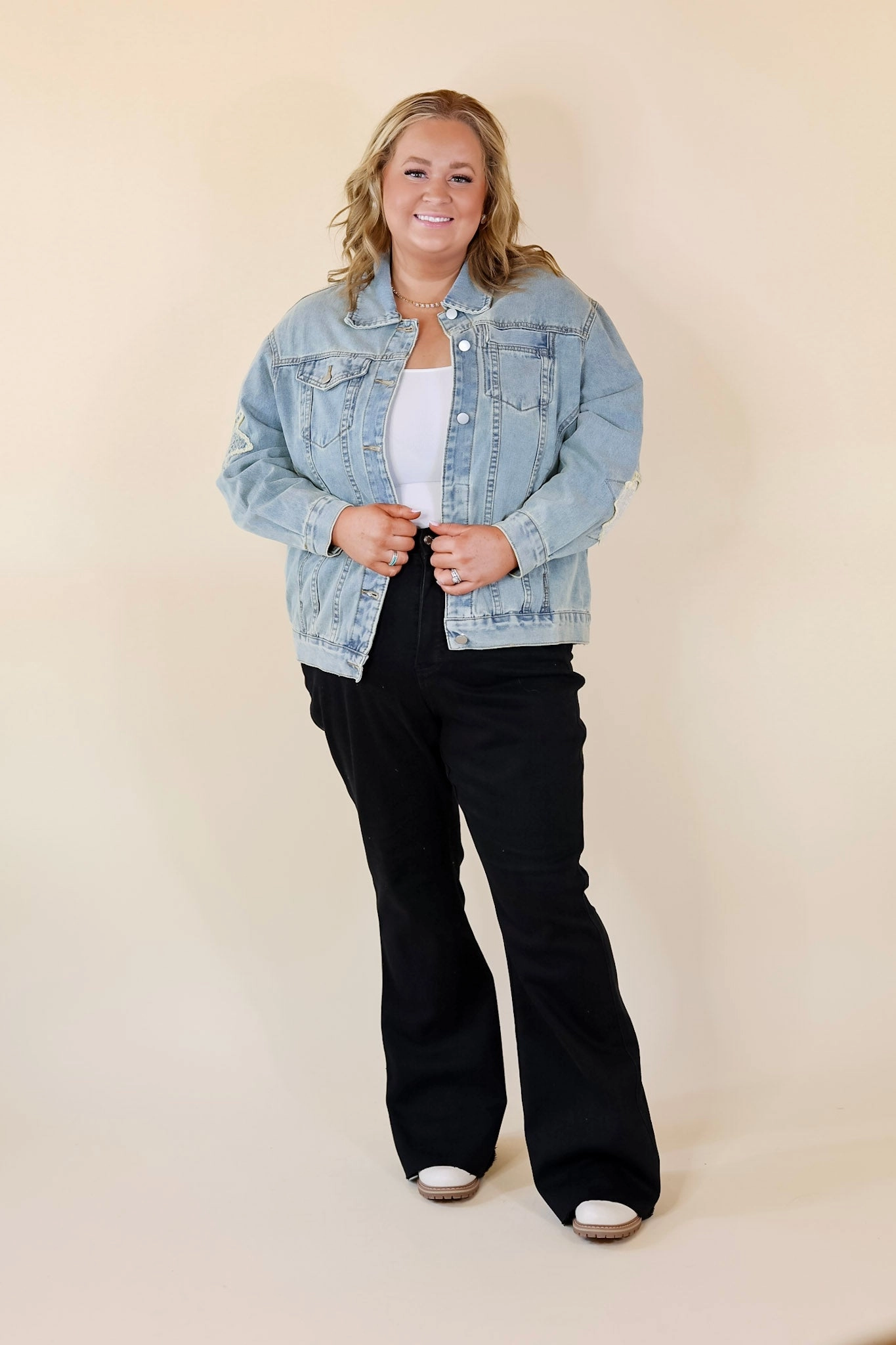 Cosmic Cowgirl Oversized Denim Jacket with Star Patches in Light Wash Comfortable Shoes