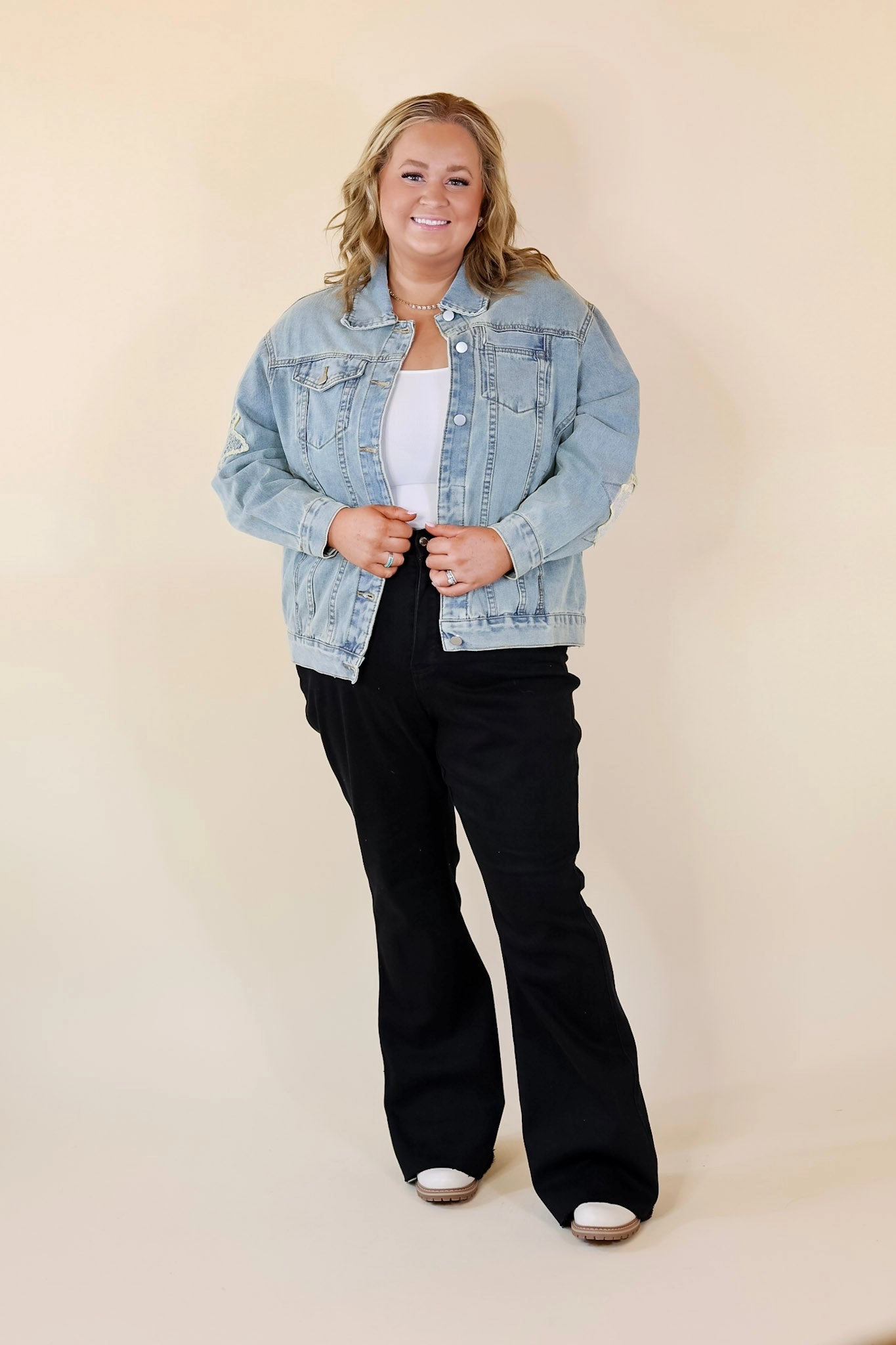 Beach Ease Cosmic Cowgirl Oversized Denim Jacket with Star Patches in Light Wash