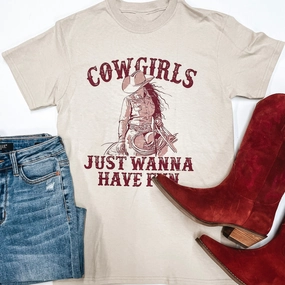 Cowgirls Just Wanna Have Fun Short Sleeve Graphic Tee in Biege Icon Fit