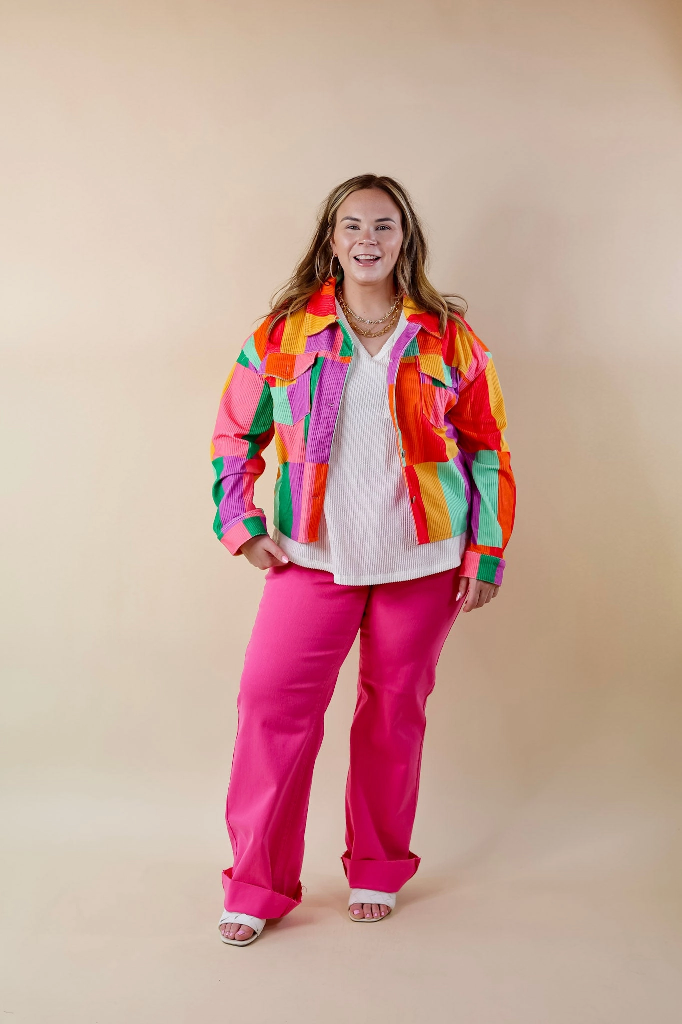 Play It Cool Button Up Corduroy Color Block Jacket in Multi DoubleLayeredHem