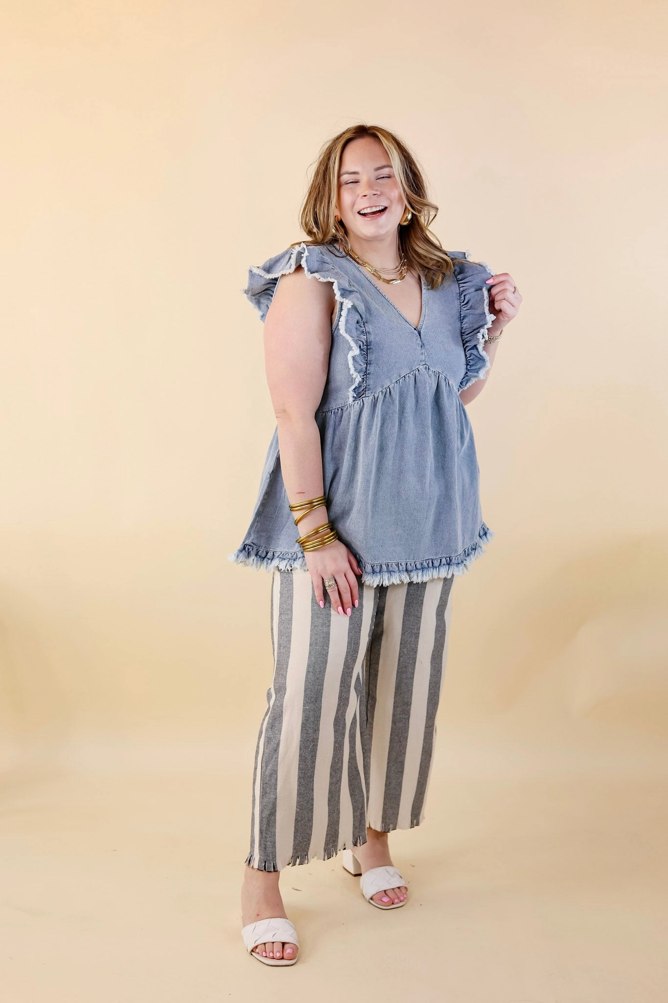 Right On Cue Elastic Waistband Striped Cropped Pants with Frayed Hem in Black Soft Blouse