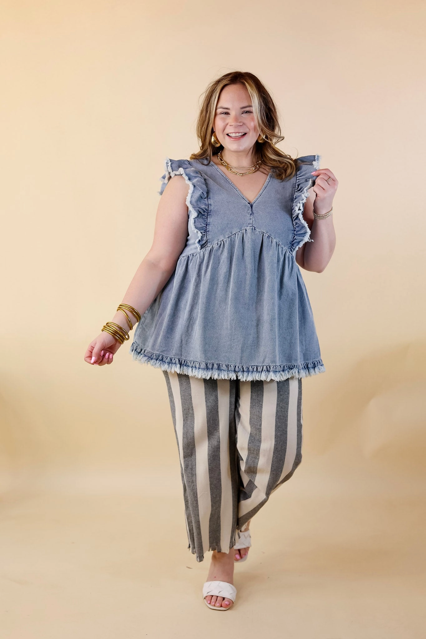 SustainableCertified Casual Look Right On Cue Elastic Waistband Striped Cropped Pants with Frayed Hem in Black