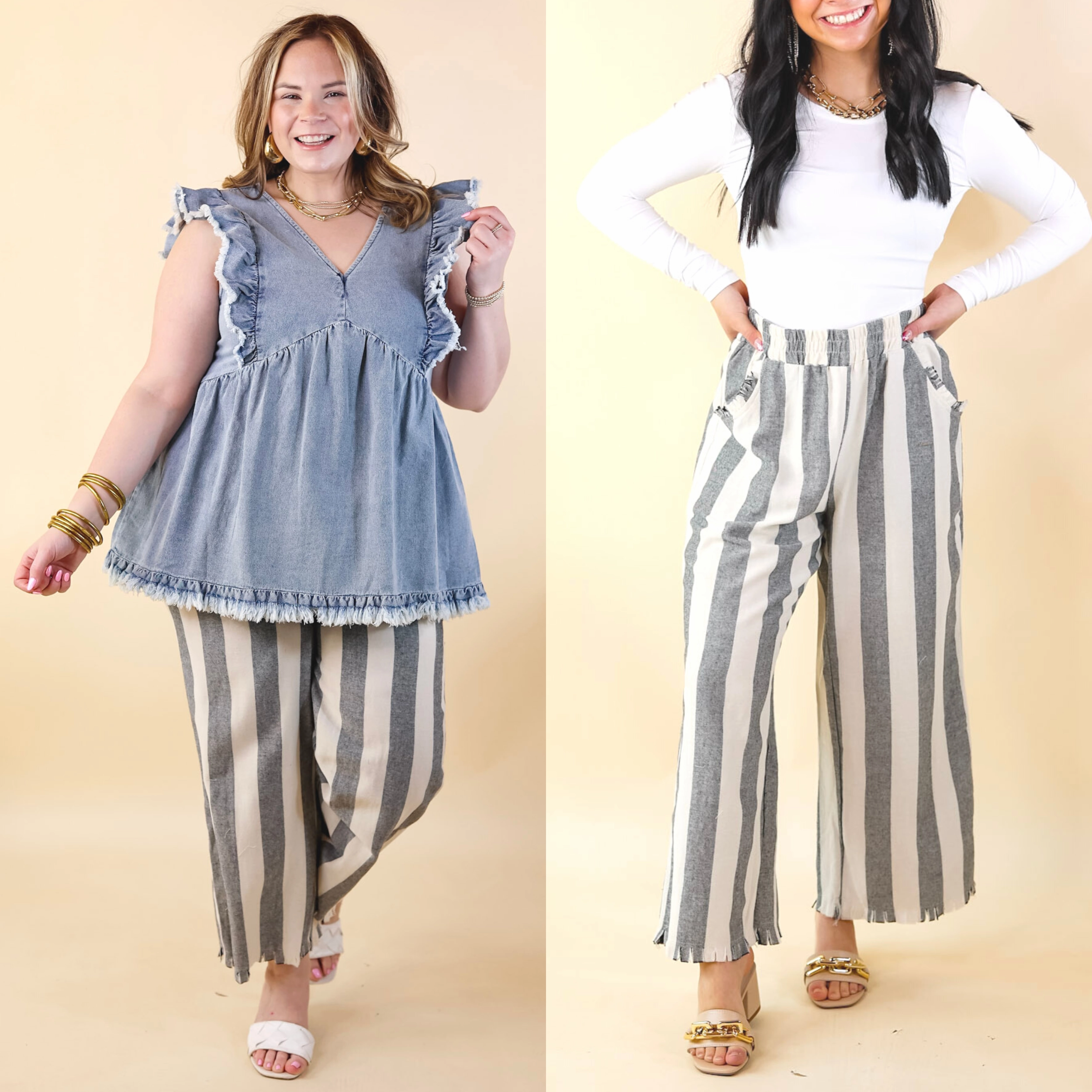 Brunch Fit Right On Cue Elastic Waistband Striped Cropped Pants with Frayed Hem in Black