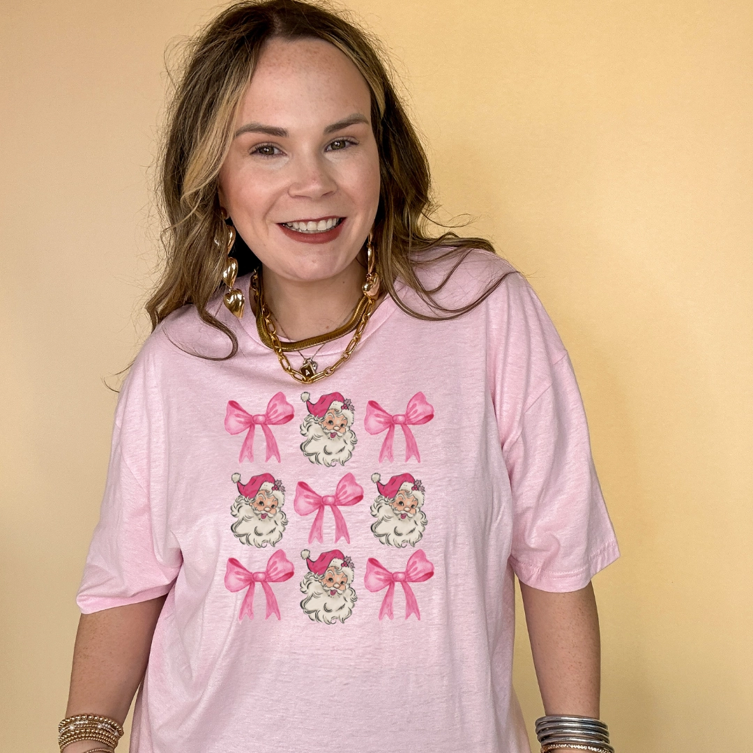 Pocket Detailing Organic Cotton Construction Online Exclusive | Santa and Pink Bow Collage Graphic Tee in Multiple Color Options