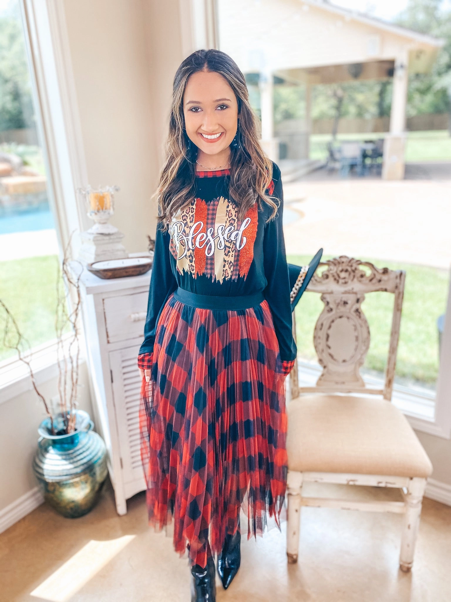 Brunch Fit Thick Fiber Blessed Mixed Pattern Graphic Tee with Buffalo Plaid Trim in Black