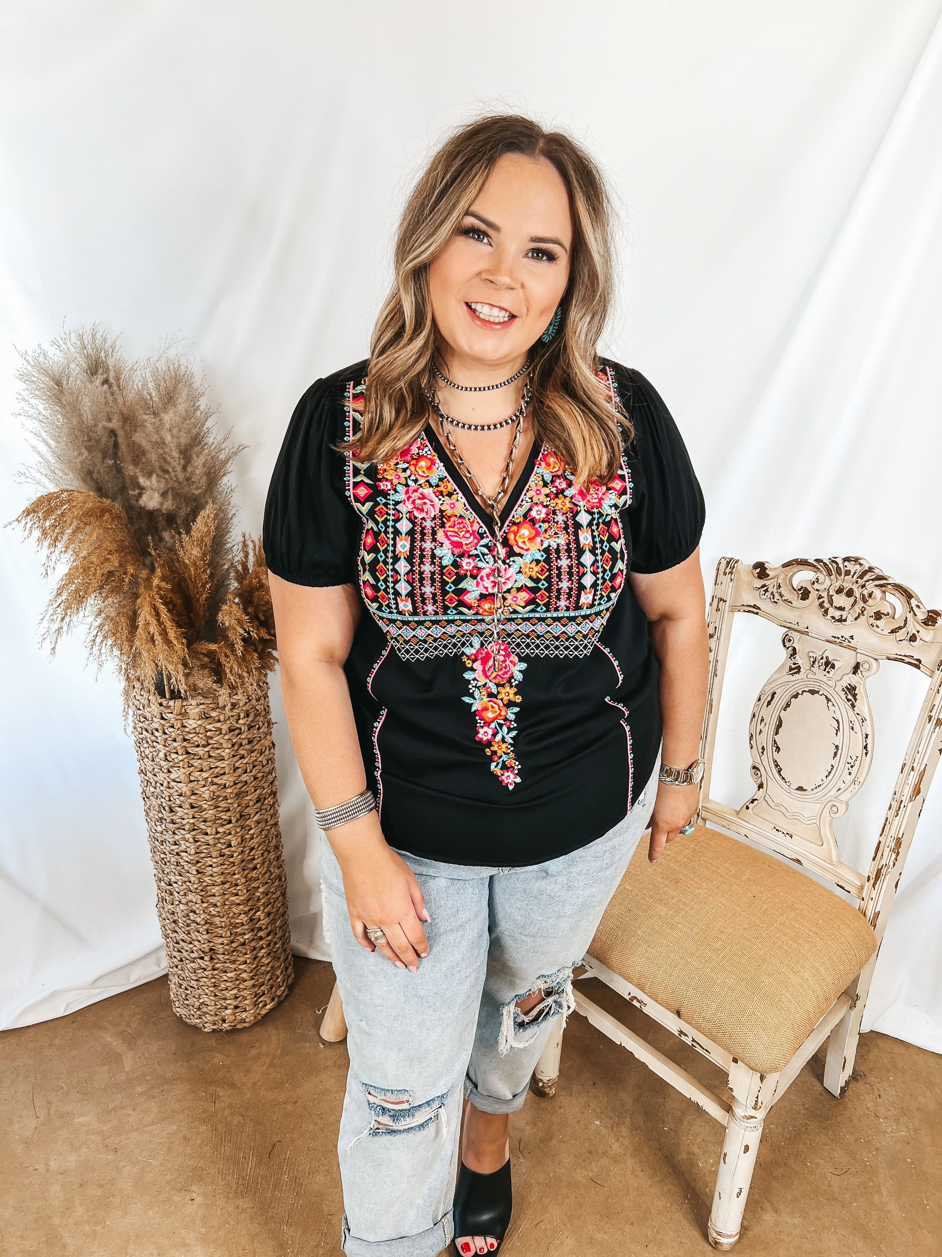 Last Chance Size Small and Medium | Think About Me Embroidered V Neck Top with Short Sleeves in Black Tagless Labeling Casual Long Sleeve