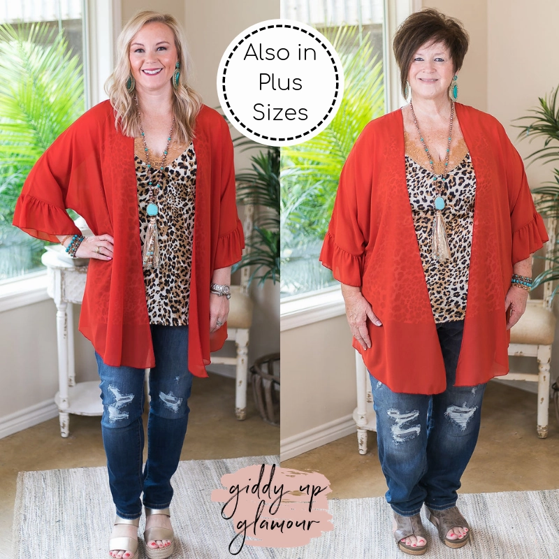 Tell Me About It Sheer Kimono with Ruffle Sleeves in Rust Orange Lightweight Layering Hot Core