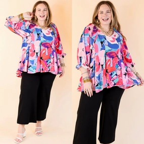 Blooming Love Floral V Neck Top with Half Sleeves in Pink Mix Breathable Cotton