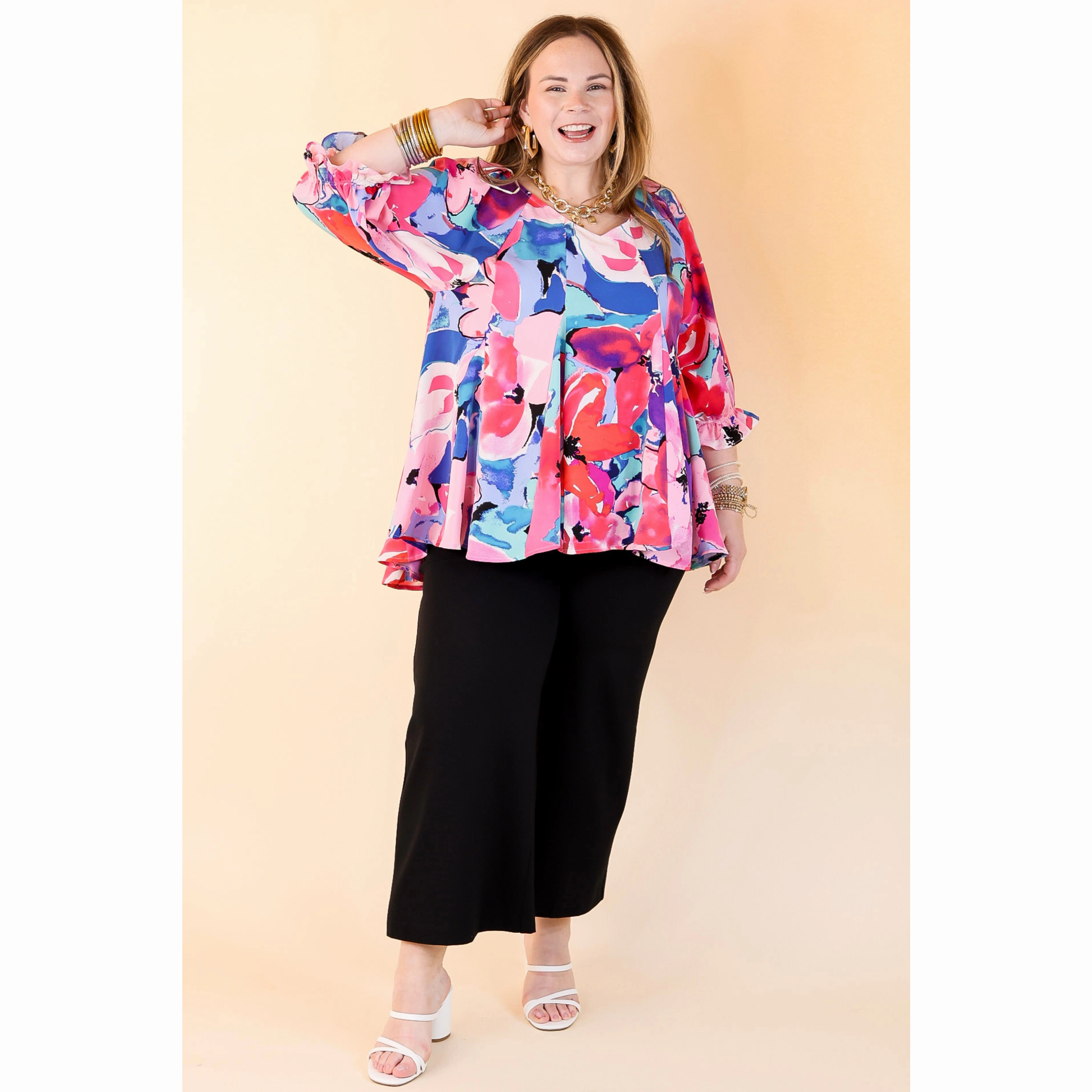 Blooming Love Floral V Neck Top with Half Sleeves in Pink Mix Bold Graphics Timeless Style