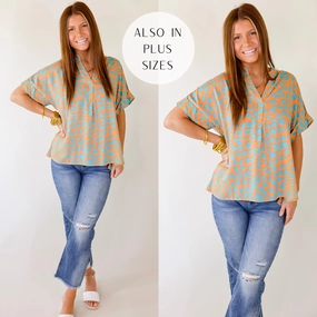 Summer Wear Bold and Beautiful V Neck Teal Leopard Print Top in Orange